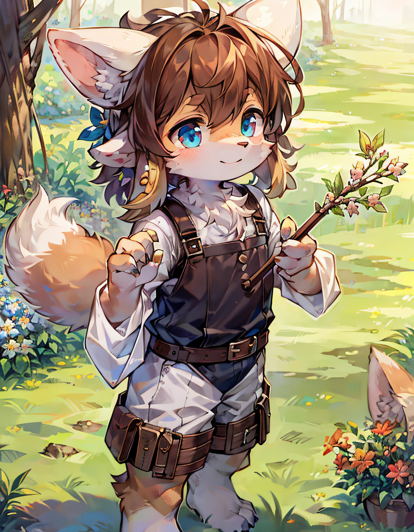 (only)), (Anthro furry) (goat_boy: 1.5), (brown_fur: 1.5),
The furry boy Anthro has a short, messy hairstyle and light brown hair that matches the color of his coat. Their fur is soft, fluffy, milky white, and they have light brown spots on their arms and legs. Its ears are small and round, with a tuft of light brown hair at the tip. His large, clear eyes were pale blue and shone with an extraordinary light, giving an innocent and charming expression.
They have soft white fur on the backs of their hands and light brown pads on the palms with short, blunt claws, perfect for holding crutches. He stands on a lush green hill with a clear blue sky in the background and small wildflowers scattered around. His shepherd's attire included a light brown tunic, brown trousers, and brown boots. Around his waist is a brown belt for crutches and a small bag for his belongings.
As he stood on the mountain, he looked into the distance, lost in thought, with a kind smile on his face. Warm and soft lighting gives it a calm and peaceful look, AI Stable Diffusion captures every detail, from the softness of fur to the intricate details of clothing.
(fluffy_goat_hoves), (goat horn), fluffy_litte_goat_tail, standing on a mountain, overlooking the valley, detaed_fluffy_fur, (body_fur), (skin_with_fur), (animal_nose), animal_earpelusa, fluffy_pause ws, papayas, animal_pause hands, flowers, (beautiful, innocent, delicate face, 8000 large round eyes), warm and soft light, SFW, spring, tranquility, employee, dressed in shepherd clothes, wearing a straw hat and crutches, standing with one leg crossed on the other, looking at something in the distance, holding a crutch in one hand and a hat in the other, as if he were lost in thought.