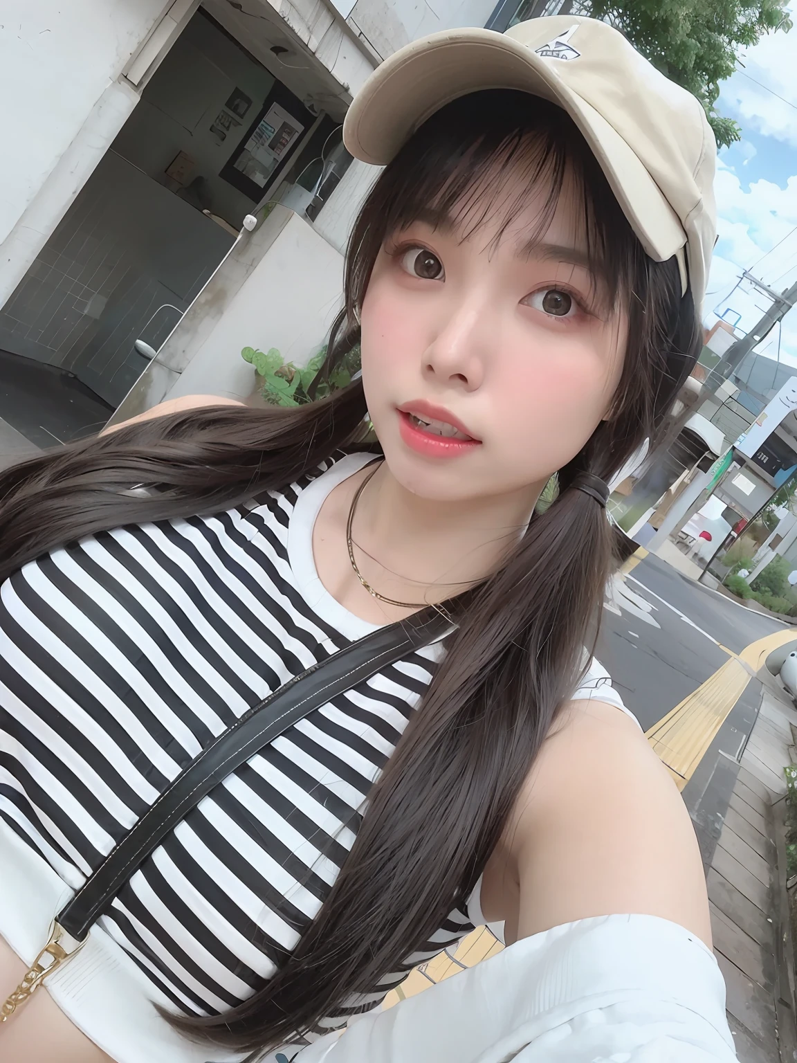 Long haired alafed asian woman in hat and striped shirt, ulzzangs, 奈良美智, chiho, sakimichan, 🚿🗝📝, Kimi Takemura, Rin, Belle Delphine, Shiori Teshirogi, dilraba dilmurat, tzuyu from twice、high-level image quality、8k、Beautiful background