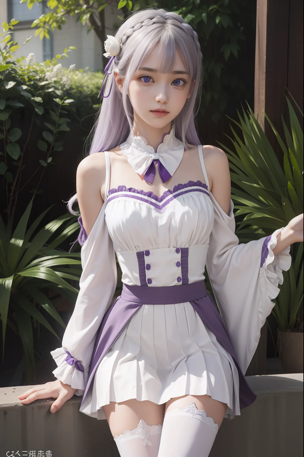 Lezero Emilia, Emilia, braid, Crown braid, flower, Hair Flower, Hair Ornament, Hair Ribbon, Long hair, pointy ear, (Purple eyes:1.2), White hair, X Hair Ornament,
Break Detach Color, Detached sleeves, frilly sleeves, frilld, Long sleeves, Miniskirt, Pleated skirt, bow ribbon, Skirt, thighs thighs thighs thighs, White skirt, White sleeves, white thighhig, Wide sleeves, zettai ryouiki,
BREAK outdoors, city,
BREAK looking at viewer, BREAK (masutepiece:1.2), Best Quality, High resolution, Unity 8k壁纸, (Illustration:0.8), (Beautiful detailed eyes:1.6), extra detailed face, Perfect Lighting, extremely details CG, (Perfect hands, Perfect Anatomy),