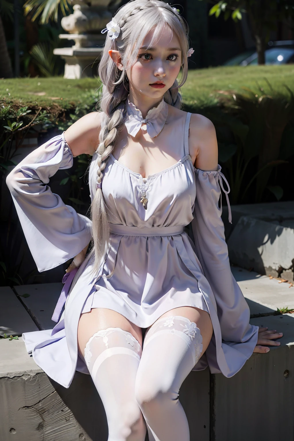 1girl, solo, Emilia, emilia_\(re:zero\), long hair, silver hair, blunt bangs, braid, hair ornament, hair flower, hair ribbon, purple ribbon, purple eyes, blush, low-tied long hair, elf, dress, bare shoulders, detached sleeves, wide sleeves, cleavage, pleated skirt, thighhights, white legwear, white shoes, outdoors, (masterpiece:1.2), highres, best quality, 8k, very clear,