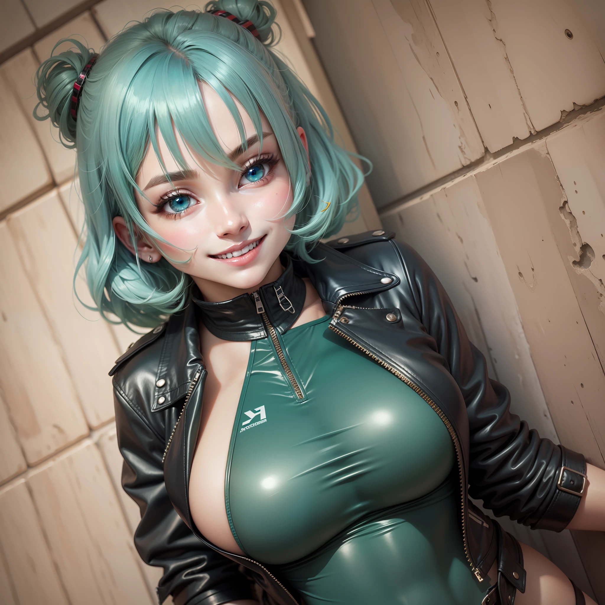 Leather jacket from the top of the swimsuit girl with a smile Green hair huge tit top-quality masterpiece 超A high resolution beautiful a girl blue eyess Twin-tailed