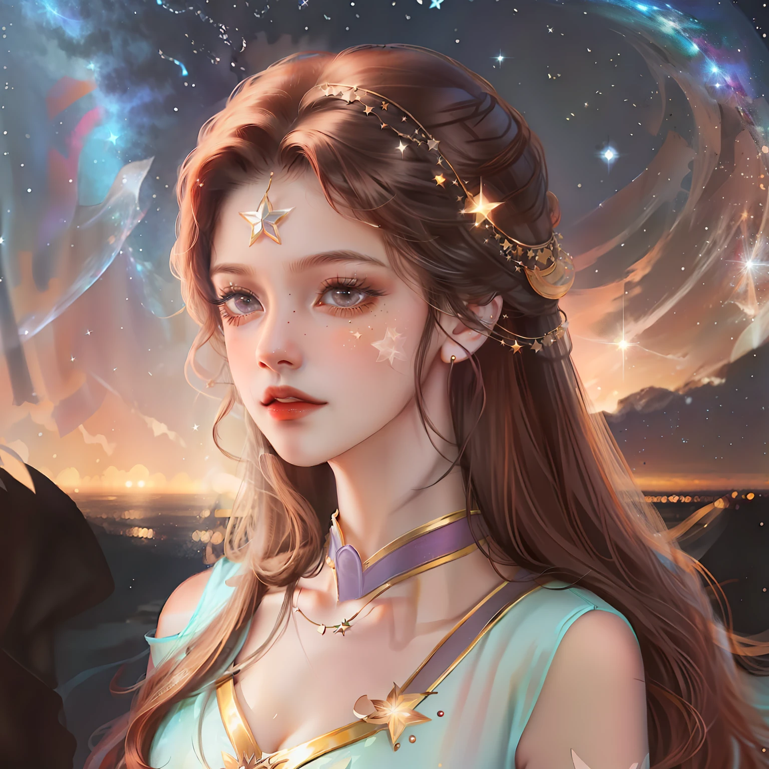 Girl with brown hair,background starry sky,The stars twinkle