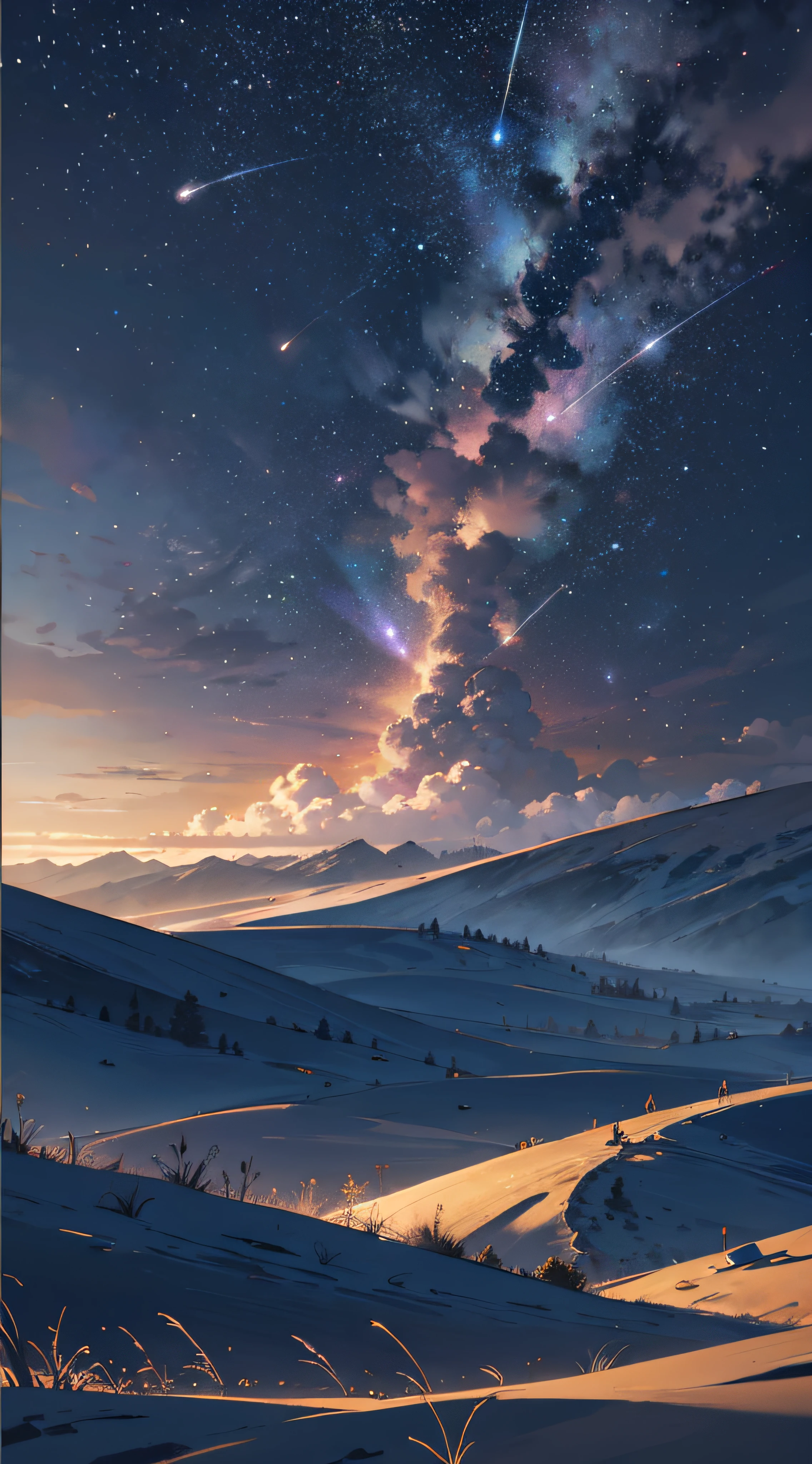Expansive landscape photograph,(look from down,Above is the sky,Below are open fields),(moon full:1.2),(meteors:0.9),(Starcloud:1.3),Far Mountain, Tree BREAK making art,(Warm light source:1.2),(glowworm:1.2),lamp lights,Lots of purple and orange,Complicated details,Volumetriclighting,Realism BREAK(tmasterpiece:1.2),(best qualtiy),4K,Ultra-detailed,(dynamic compositions:1.4),The is very detailed,Colorful details,(Irridescent color:1.2),(luminouslighting,Atmospheric lighting),dream magical,magical,(独奏:1.2),((best qualtiy)), ((tmasterpiece)), (the detail:1.4),depth of fields,maximum definition and sharpness,perfectly proportions,Fluttering clouds,Wallpapers