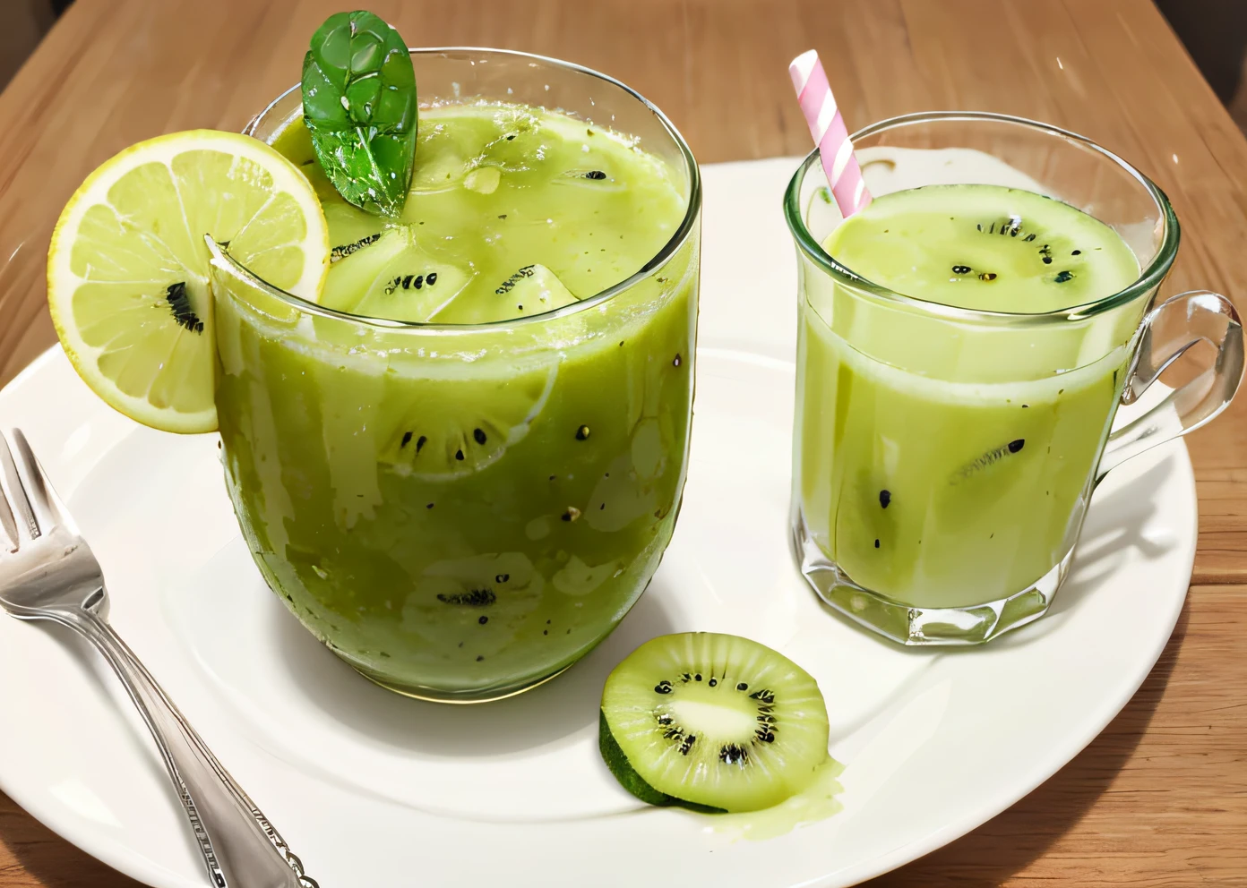 A glass of Kiwi Juice on top of a plate. Spinach: Kiwi and Lemon on the table.