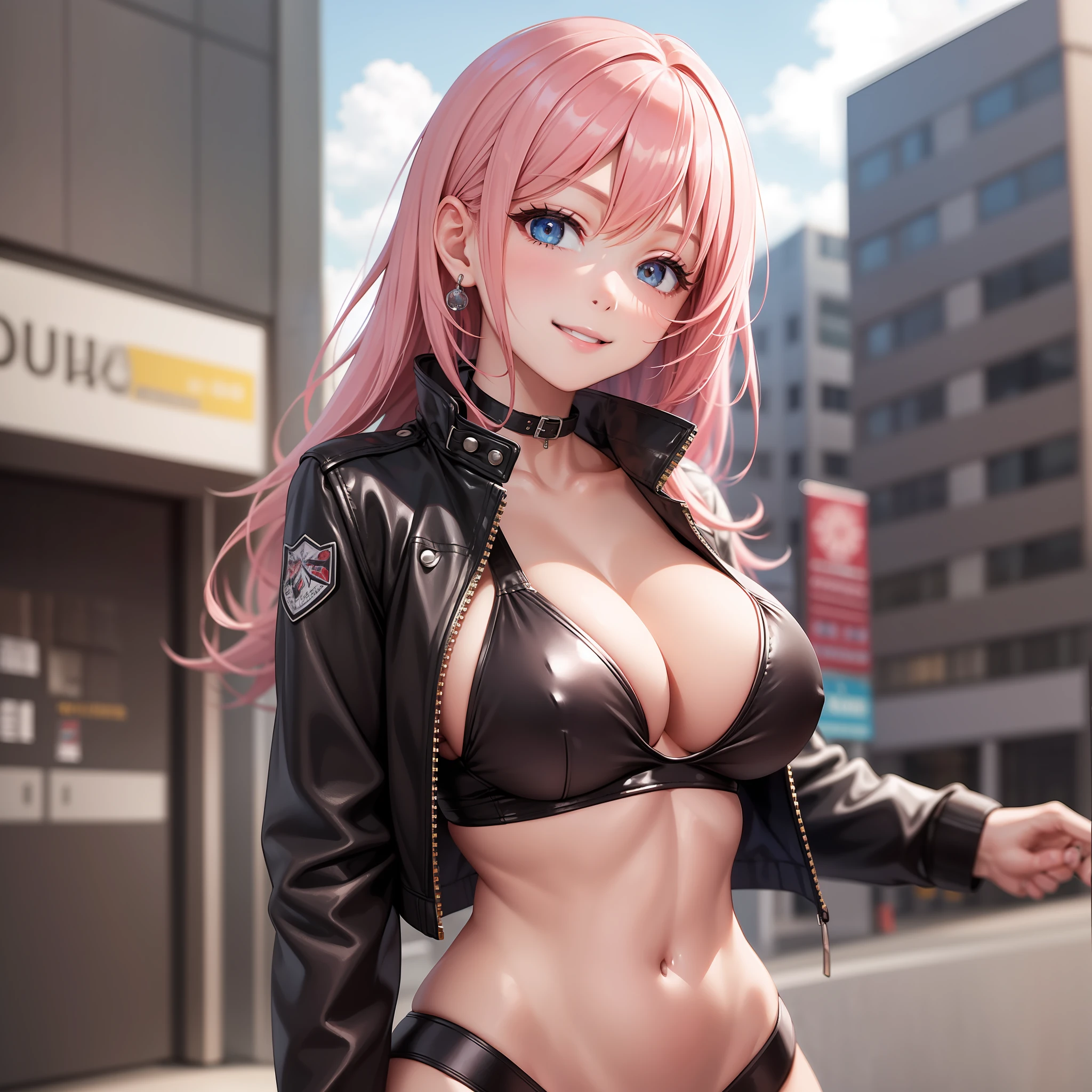 Leather jacket over swimsuit　girl with　a smile　Pink hair　huge tit　top-quality　​masterpiece　超A high resolution　beautiful a girl