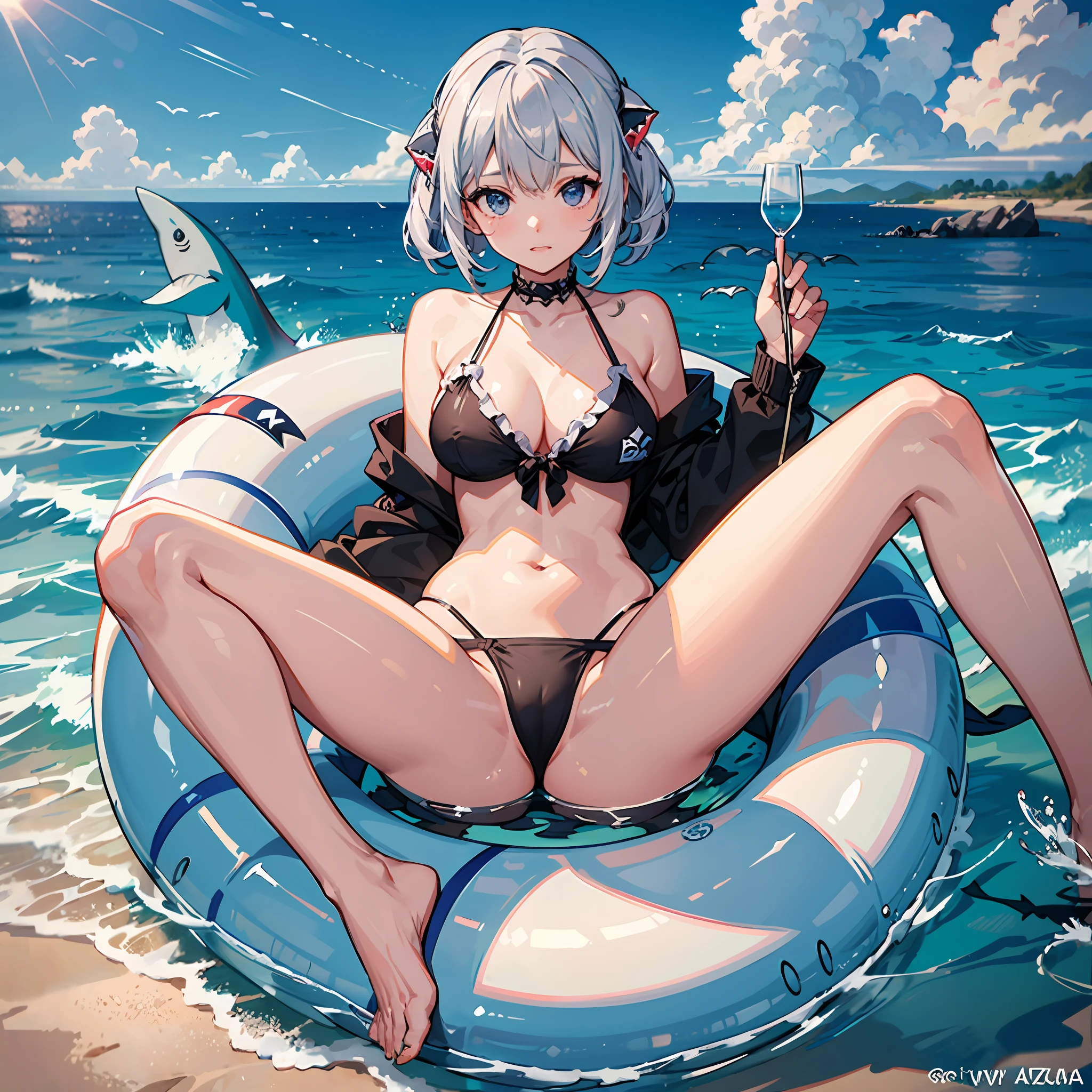 obra-prima, Qualidade superior, ultra high def, Max Resolution, Muito detalhado, Pele limpa, Anime, gawr gura, vtuber, hololive, shark girl, shark girl, roupas coladas, cabelos brancos, mecha azulada, bikini white, private parts on display, peitos pequenos, bunda redonda e grande, curvas detalhadas, rosto delicado, rosto perfeito