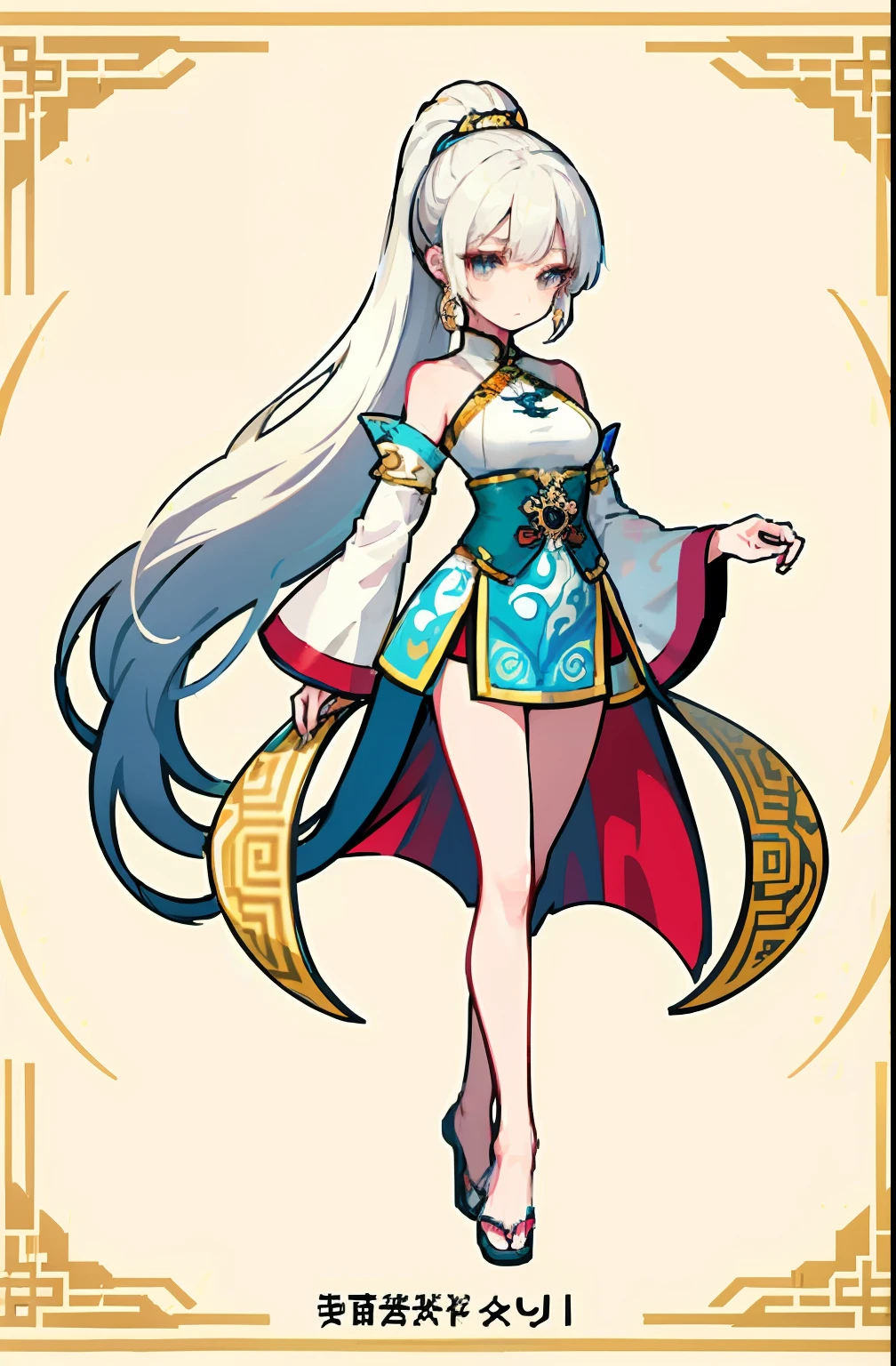 (offcial art:1.5,品质最佳,finedetail)full bodyesbian,Beautiful white girl,Chinese mythology style fantasy world costume,white skirt,Long, Flowing white hair,Very long ponytail,refined demeanor,A faint sad expression,Heroic,The body is graceful,beautifullegs,perfect bodies,Elegant and flowing。