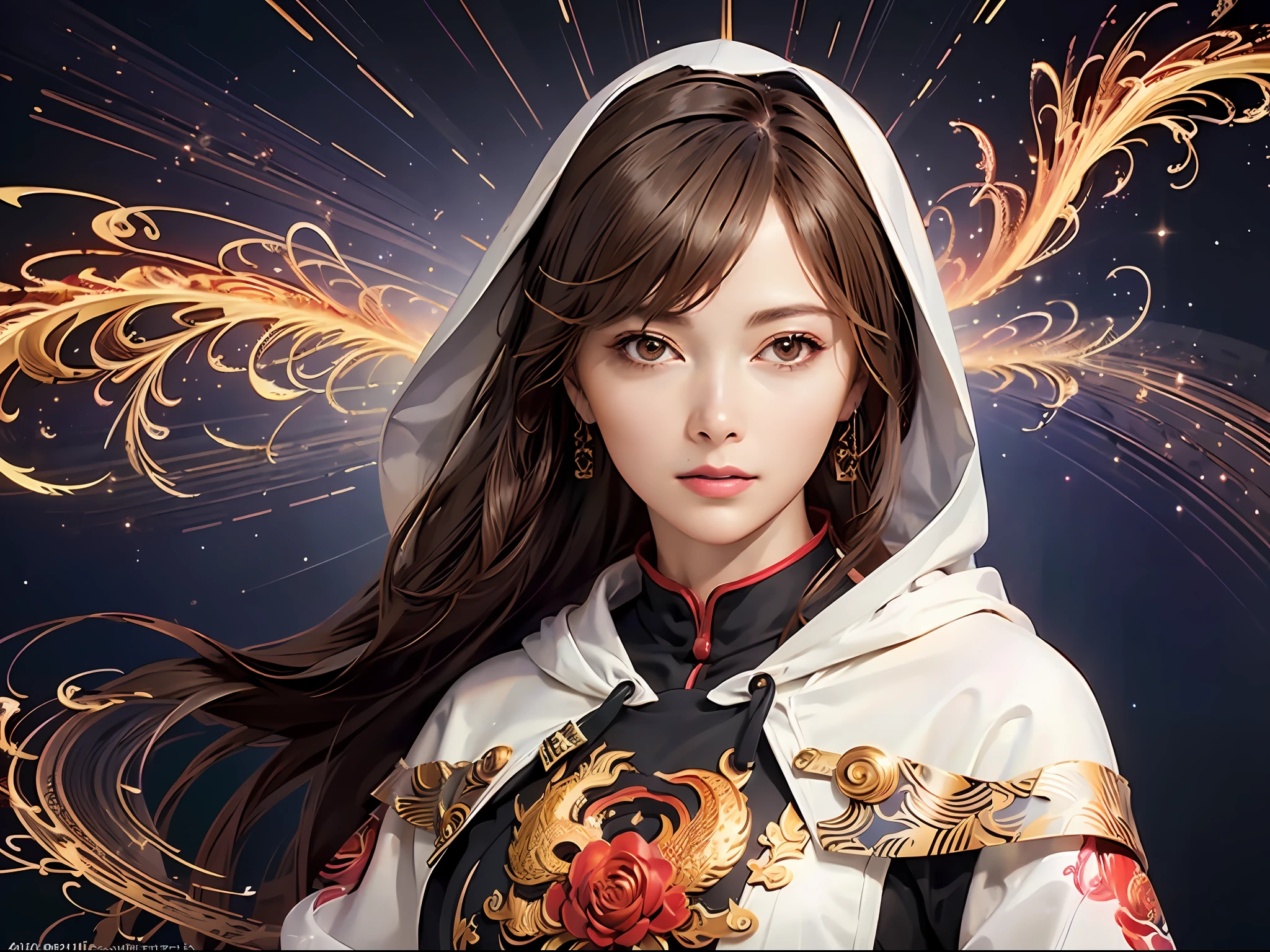 (masterpiece, top quality, best quality, official art, beautiful and aesthetic:1.2), (1girl), extreme detailed eyes, (fractal art:1.3), colorful, highest detailed, (perfect face), shiny skin, HDR, (white cloak golden lines:1.2), galaxy, (light streaks), striking visuals, (dynamic streaks, luminous trails:1.2), vibrant colors, (phoenix), (dragon)