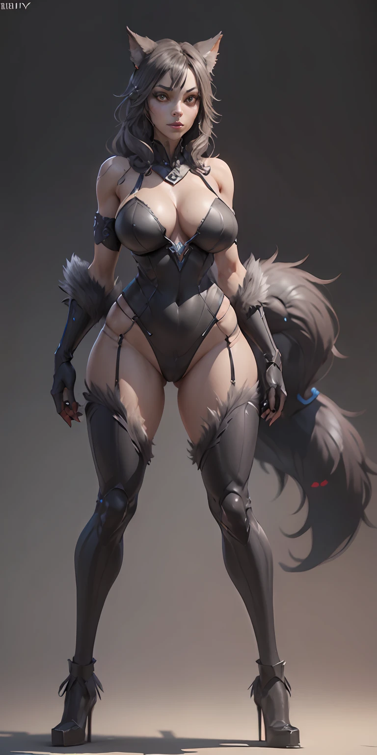 werewolf girl, big breasts, frontal, full-length, looking at the camera, facing the audience, standing pose, simple background, three-dimensional light, detailed full-body concept, sleek digital concept art, beautiful full-body concept art, art trend, CGsociety full-length,