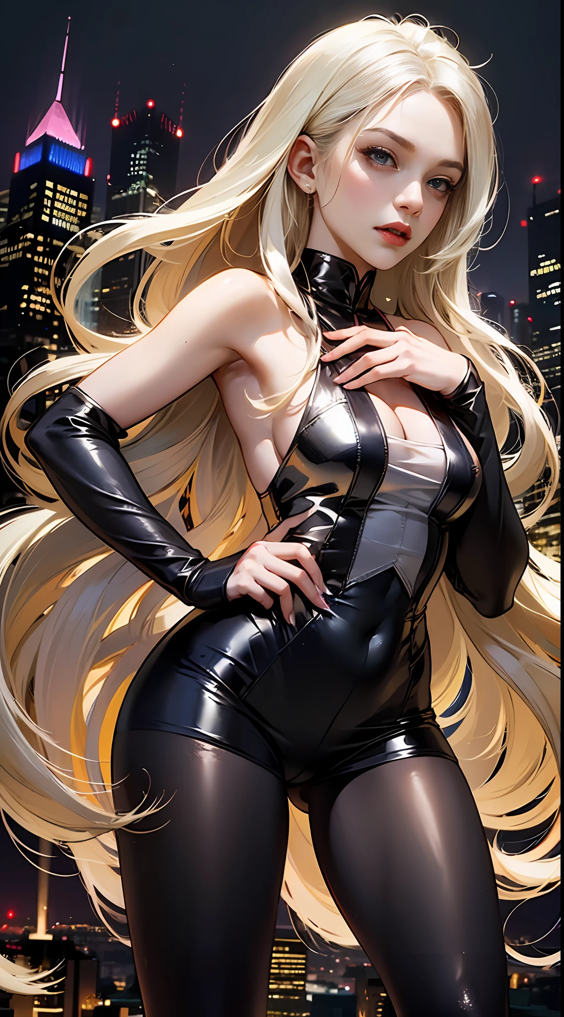 Enchanting Golden Scoundrel」Sensual vampire in short silver clothes、Black tights、Staring at the viewer、Flowing blonde hair、menacing gaze、Sparkling vampire fangs、Stain her pale face、Large, Sharp claws are ready to pounce、In a dark vision of the city at night