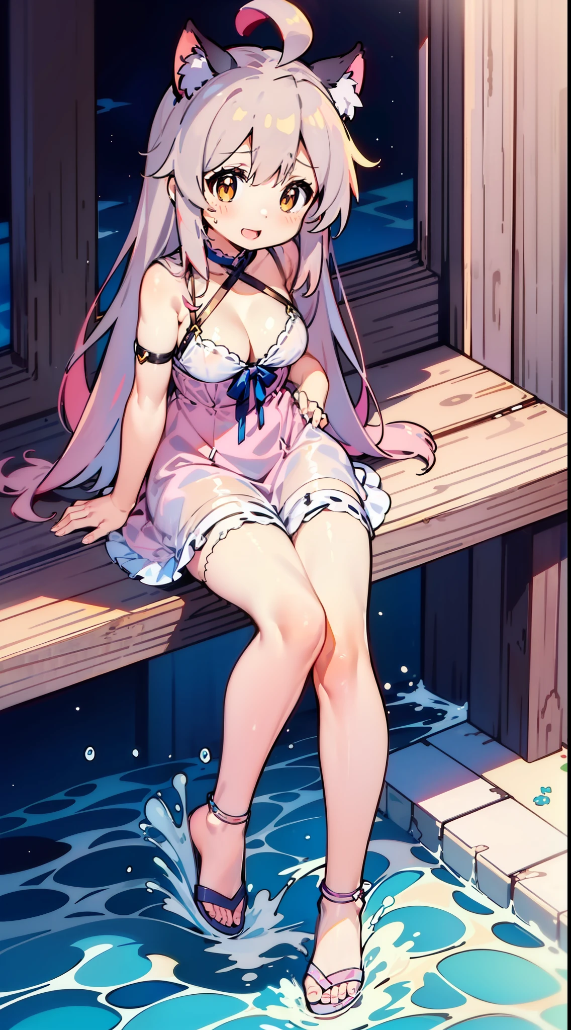 Anime girl sitting on ledge，Cat ears and pink dress, loli in dress, small curvaceous loli, anime moe art style, Splash art anime Loli, anime visual of a cute girl, shirabii, small loli girl, cute anime waifu in a nice dress, Marin Kitagawa fanart, A scene from the《azur lane》videogame，Lori huge breasts cleavage，Poor milk