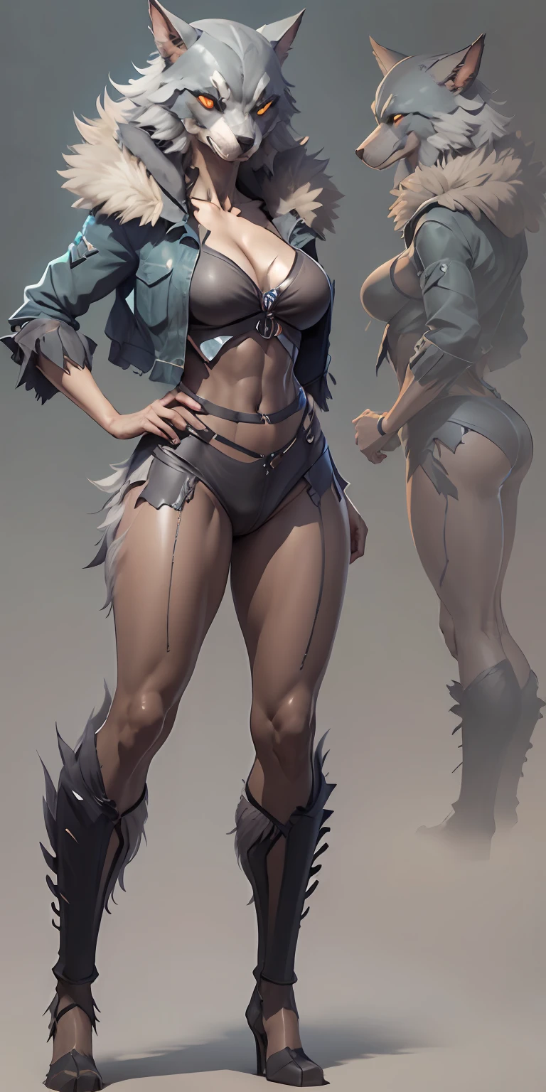 werewolf girl, big breasts, frontal, full-length, looking at the camera, facing the audience, standing pose, simple background, three-dimensional light, detailed full-body concept, sleek digital concept art, beautiful full-body concept art, art trend, CGsociety full-length,