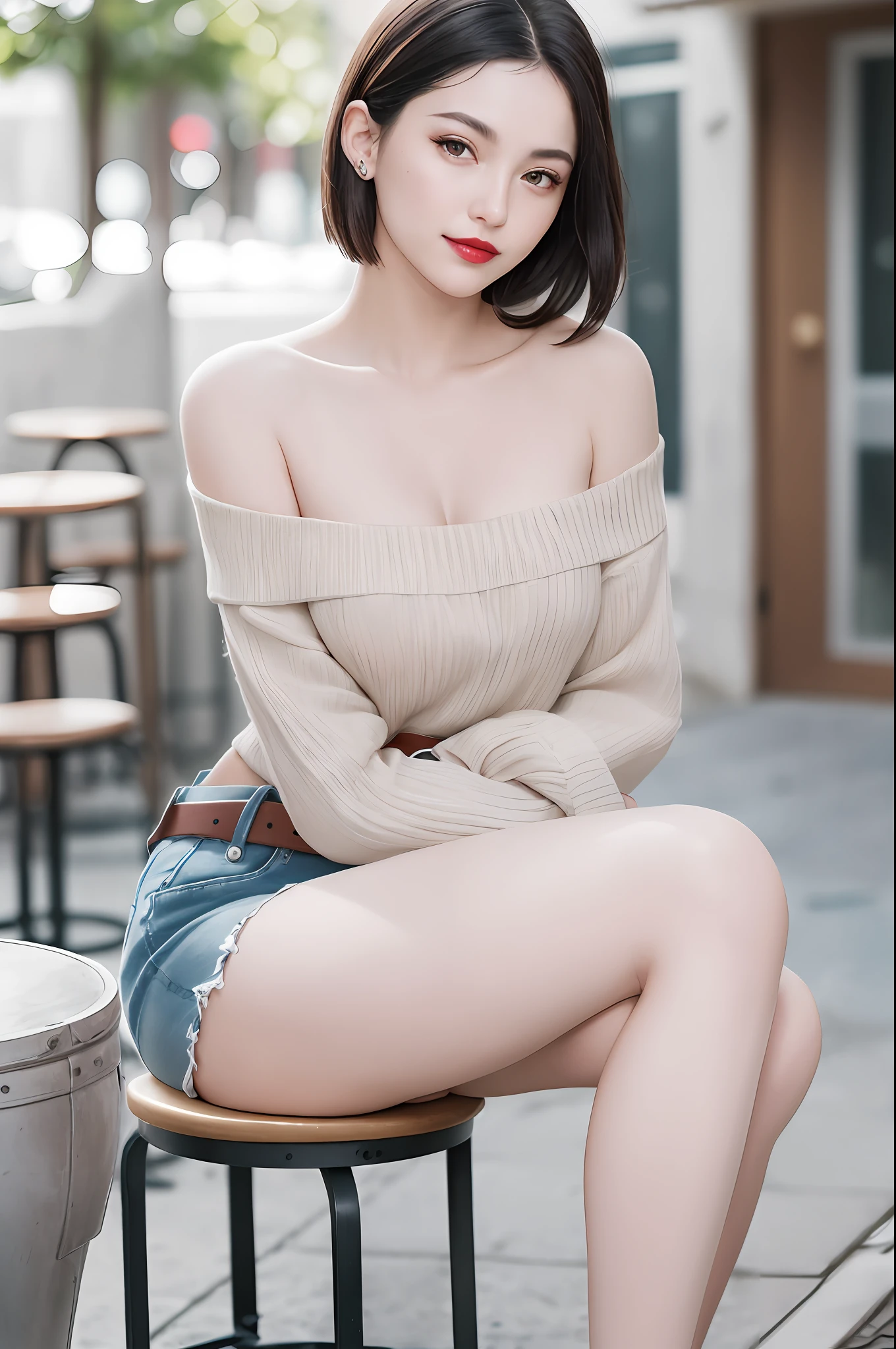 (intricate details:1.3), (best quality:1.2), (masterpiece:1.3), realistic, 8K UHD, High definition, High quality texture, intricate details, detailed texture, finely detailed, high detail, extremely detailed cg, High quality shadow, a realistic representation of the face, beautiful detailed, (high detailed skin, skin details), Detailed beautiful delicate face, face looking to the left, Detailed beautiful delicate eyes, a face of perfect proportion with smile, Film Grain, Depth of field, Cinematic Light, dramatic light, Lens Flare, Ray tracing, perspective, 20s, (photorealistic:1.2),
1girl, bare_shoulders, belt, black_footwear, blurry, blurry_background, bra_strap, breasts, building, coffee, collarbone, cup, day, disposable cup, full body, lips, lipstick, long sleeves, looking at viewer, makeup, off-shoulder shirt, off-shoulder sweater, off shoulder, outdoors, pantyhose, red lips, shirt, short hair, shorts, sitting, smile, solo, stool, striped, striped shirt