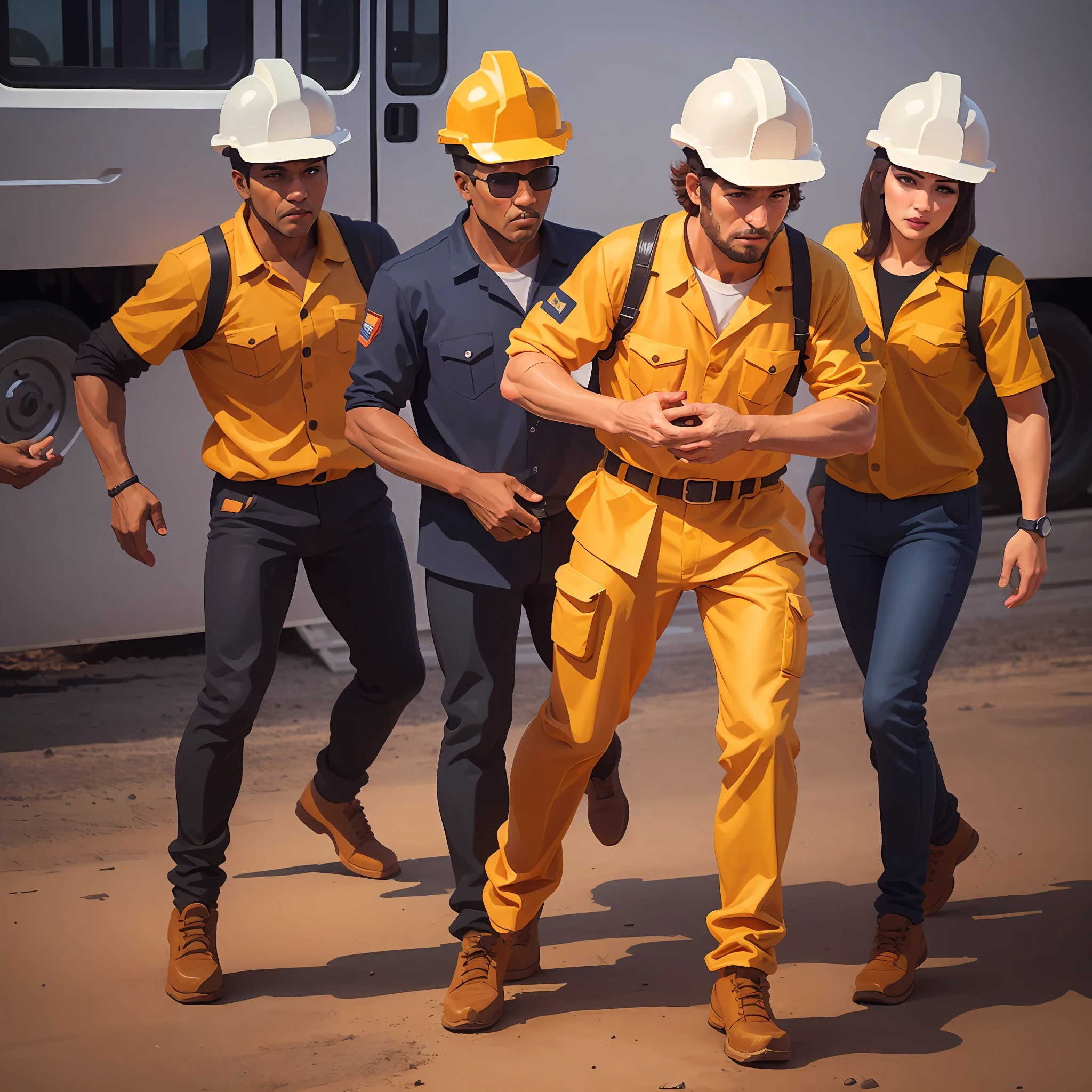 An image of workers dressed in mining uniforms, equipados com capacetes e ferramentas de trabalho. They're focused, trabalhando em uma mina, envoltos em nuvens de poeira