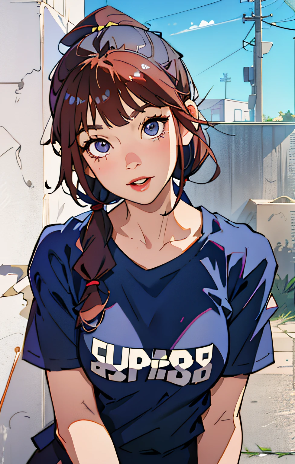 1girl,独奏,The shirt,pigtails,looking at viewert,ssmile,tilt of the head,exteriors,Realistis,In the daytime,The upper part of the body,long whitr hair,short- sleeved,tee shirt,By bangs,style of anime,8k