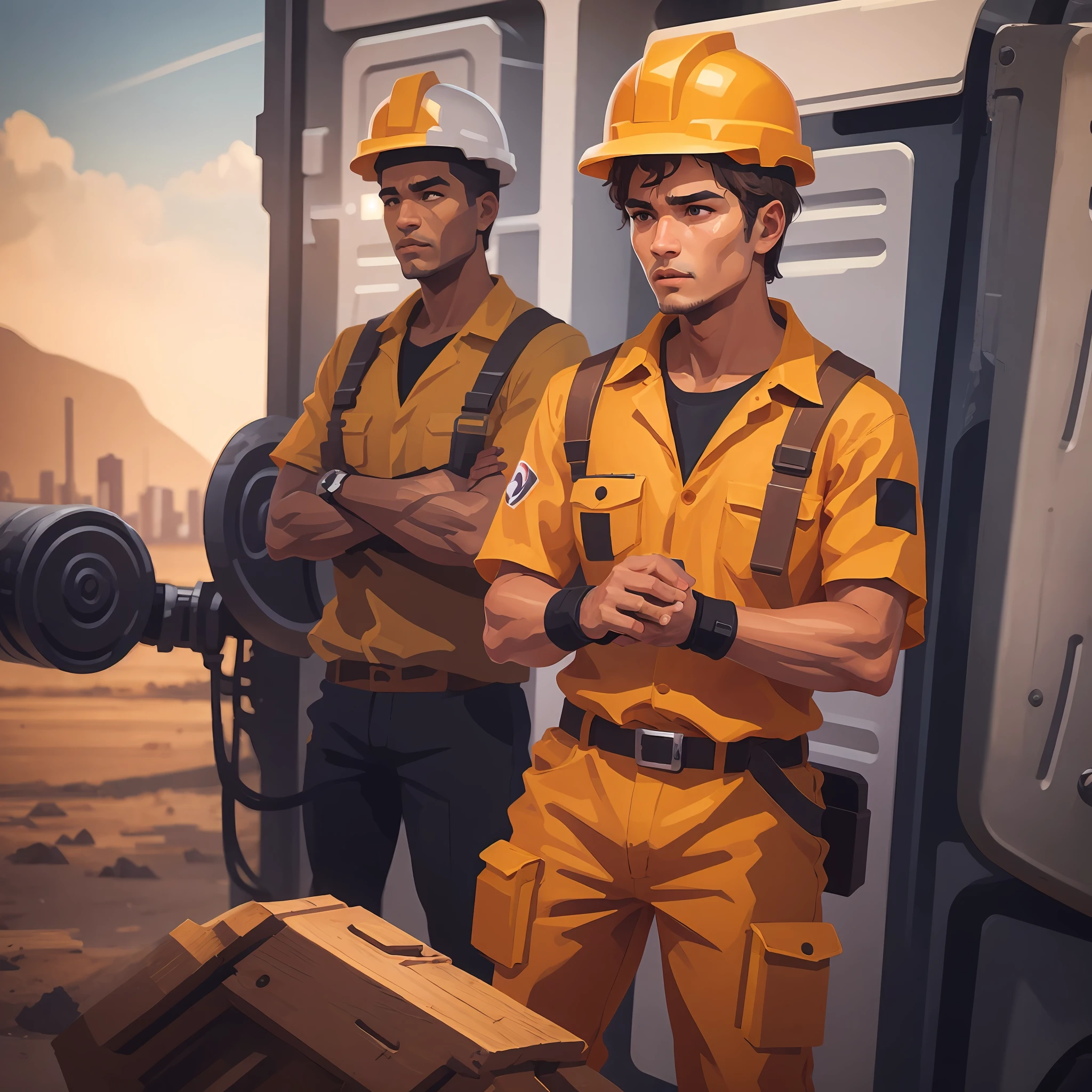 An image of workers dressed in mining uniforms, equipados com capacetes e ferramentas de trabalho. They're focused, trabalhando em uma mina, envoltos em nuvens de poeira