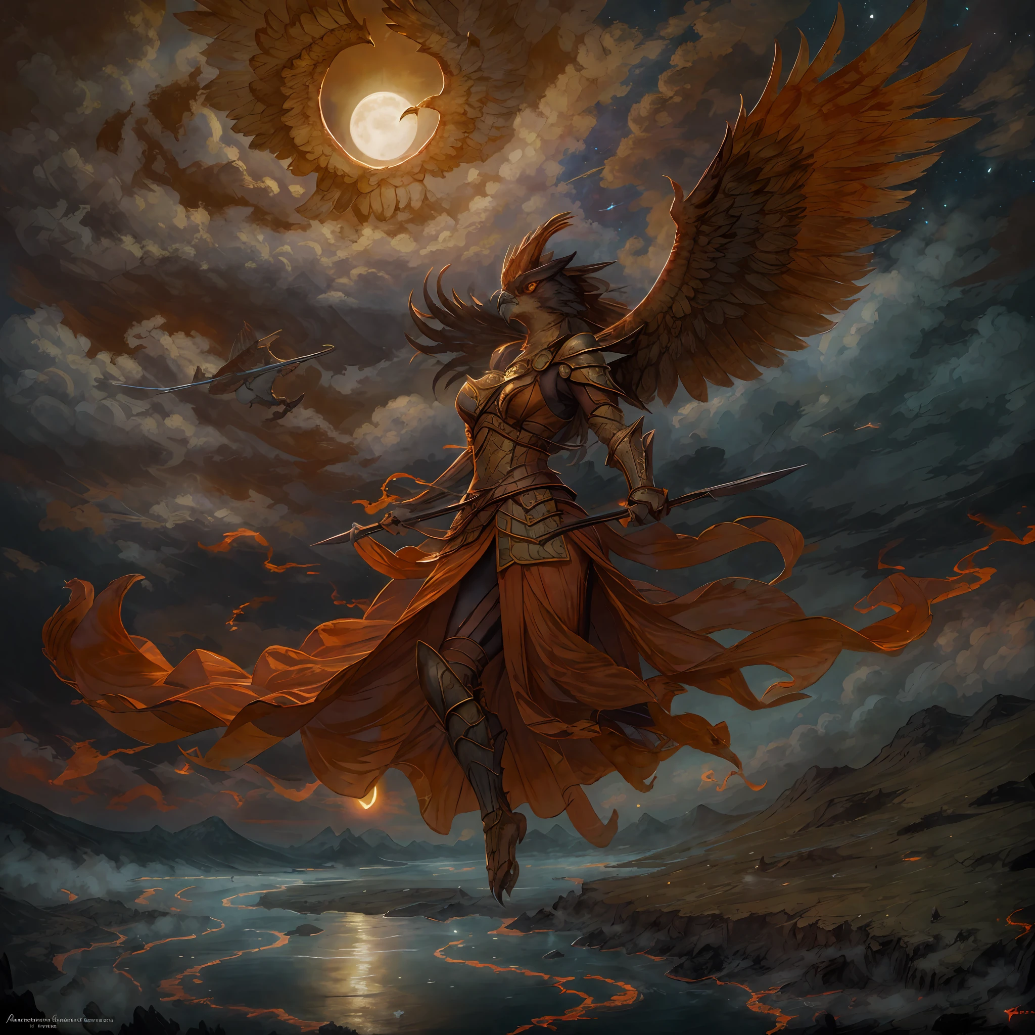 masterpiece, best quality, (solo), (aven), painting of Aven a Racing Red bird woman with claws wearing armor, medieval setting, in a stream, detailed night sky, beautiful moon, layers of dark clouds, flying, flying over temperate steppe, above clouds, Aerial View, dynamic, surrounded by flames, sky lit by flames