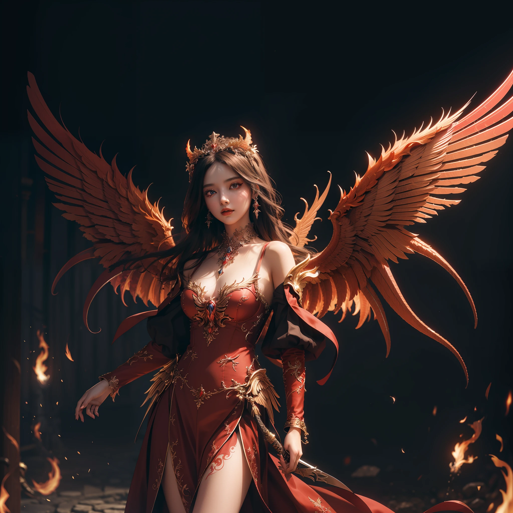 (extremely detailed CG unity 8k wallpaper,masterpiece, best quality, ultra-detailed, beautiful detailed eyes:1.2),best illumination, (best shadow, an extremely delicate and beautiful, bloom),
1gril,solo,red eyes,Heavy armor,long hair,holding sword,Angel wings,black wings,red jewelry,(big wings:1.4),Film filter,Satan, Hellfire,full body,demon,flame,