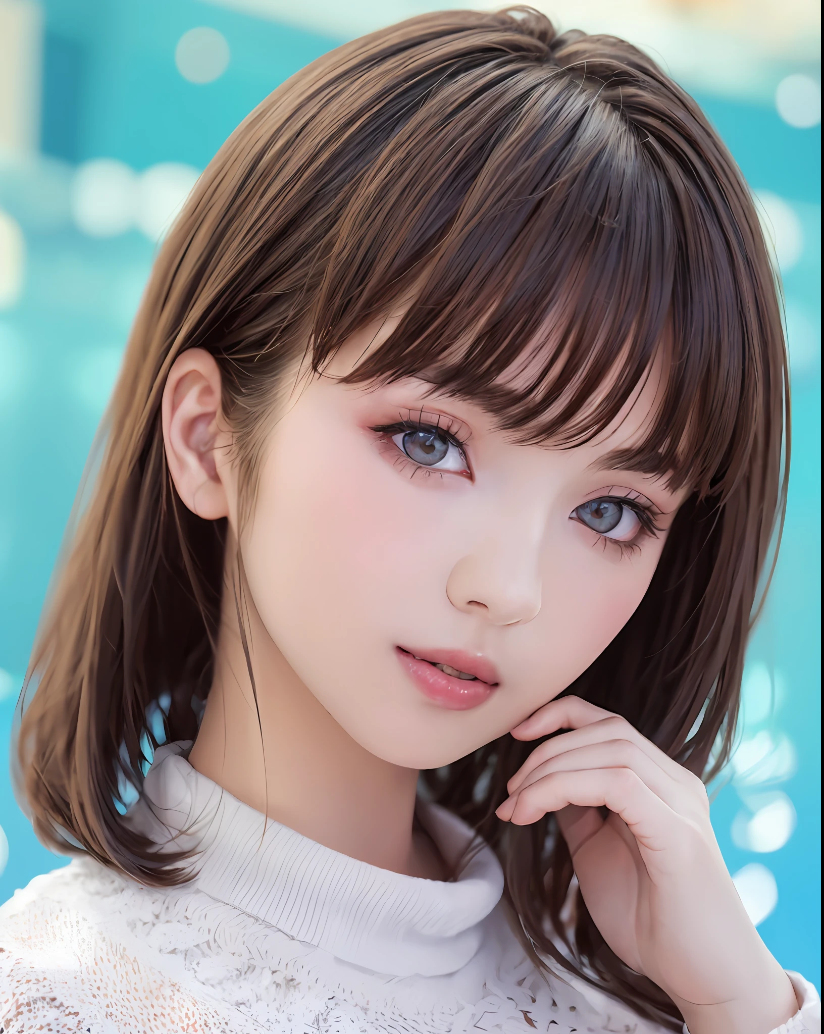 pureerosface_v1, best quality, photorealistic, 8k, high res, 1girl, woman, (skindentation), (portrait:0.6), gorgeous, dynamicpose, ((poolsidebackground:1.6)), coconut tree, ((mediumsize roundbreast, white highnecksweater:1.4)), straight-looking at viewer:1.8, (1girl eyes looking at viewer, medium-length hair, brownhair, partedbangs:1.65), (bokeh), smile:1.2, (closed mouth:1.16),