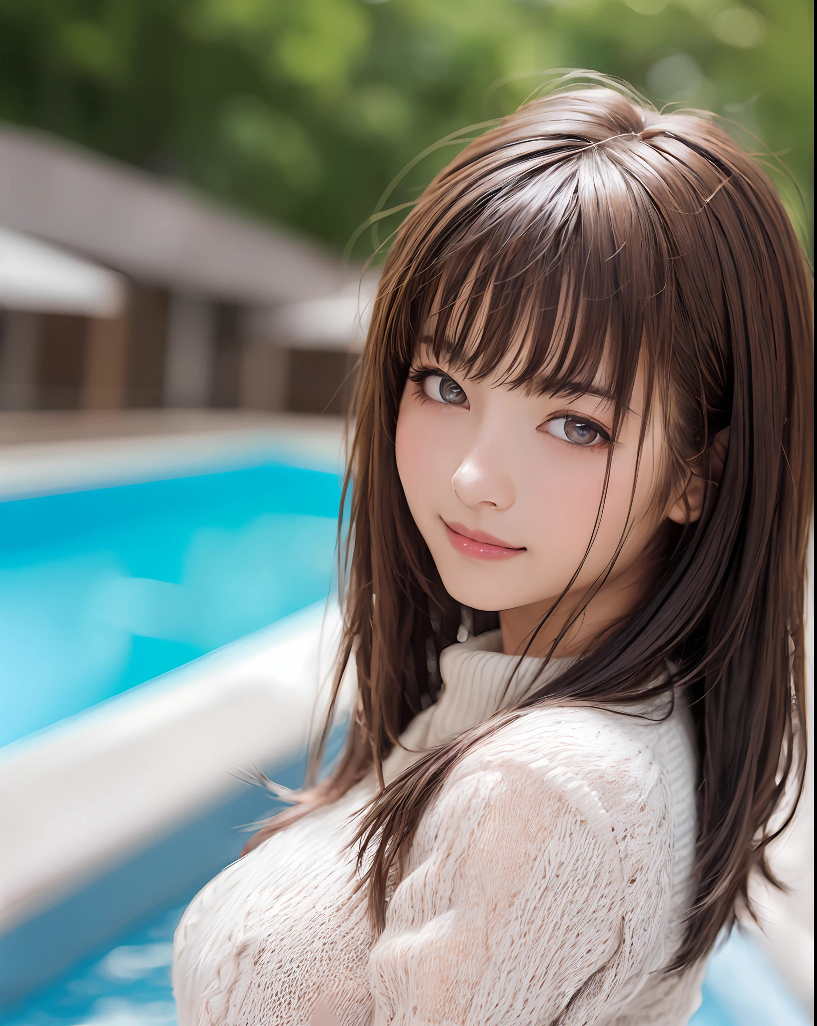 pureerosface_v1, best quality, photorealistic, 8k, high res, 1girl, woman, (skindentation), (portrait:0.6), gorgeous, dynamicpose, ((poolsidebackground:1.6)), coconut tree, ((mediumsize roundbreast, white highnecksweater:1.4)), straight-looking at viewer:1.8, (1girl eyes looking at viewer, medium-length hair, brownhair, partedbangs:1.65), (bokeh), smile:1.2, (closed mouth:1.16),