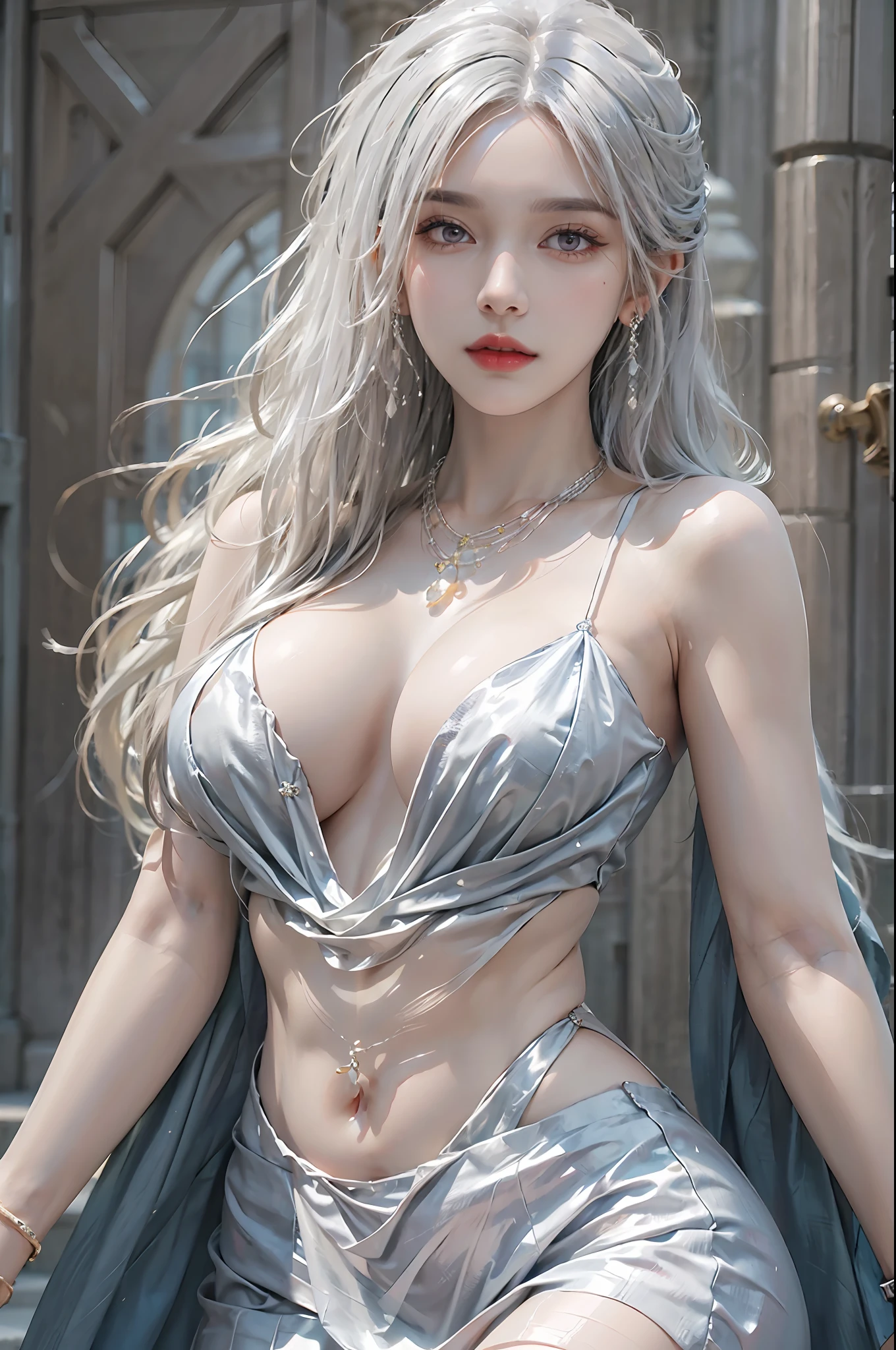 photorealistic, high resolution, 1 woman, solo, hips up, beautiful eyes, white hair, long hair, huge breast, bracelets,elegant necklace, elegant diamond earrings, stlouis, blue dress, revealing clothes