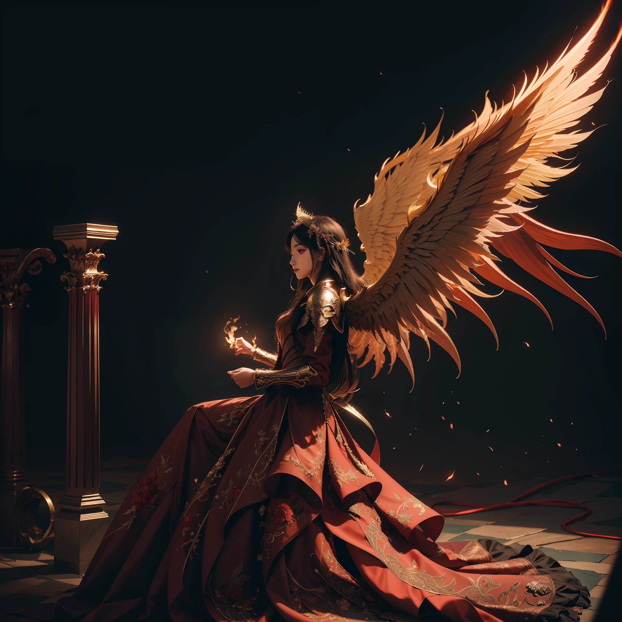 (extremely detailed CG unity 8k wallpaper,masterpiece, best quality, ultra-detailed, beautiful detailed eyes:1.2),best illumination, (best shadow, an extremely delicate and beautiful, bloom),
1gril,solo,red eyes,Heavy armor,long hair,holding sword,Angel wings,black wings,red jewelry,(big wings:1.4),Film filter,Satan, Hellfire,full body,demon,flame,