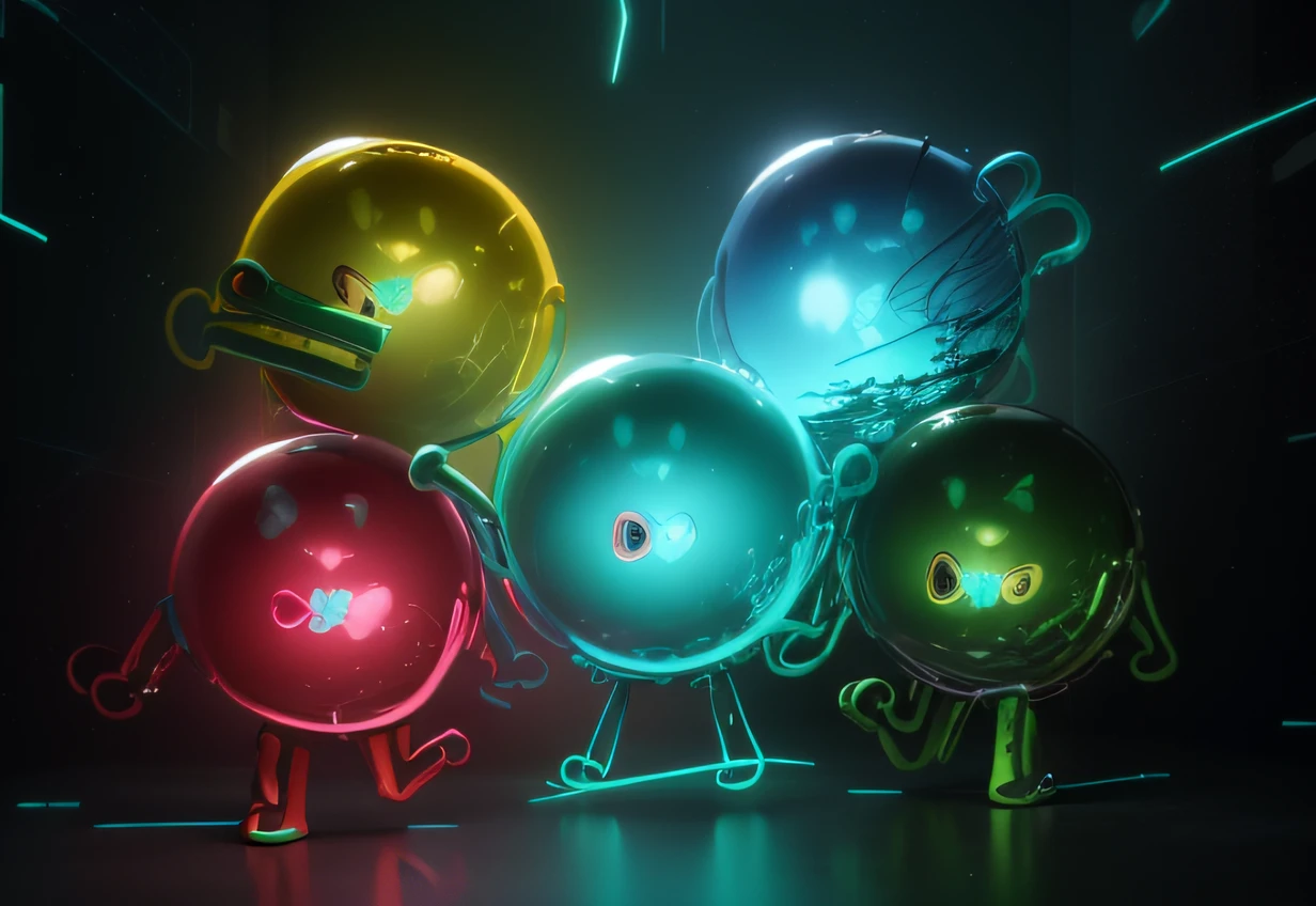 hight resolution、high-level image quality、Sphere character、in green、pinkcolor、red、amarelo、cyan colors、short limbs