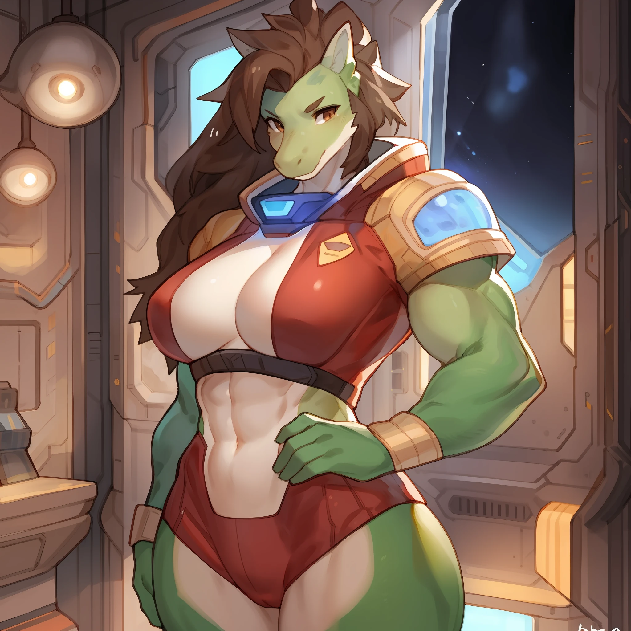 by buta99, by bebebebebe, by chelodoy, solo, female, standing, brown hair, mohawk, brown eyes, detailed eyes, alligator, green body, big breasts, muscular, buff, large, big, massice, biceps, tall, red military spacesuit, spaceship, space, window, snout, big snout, cameltoe