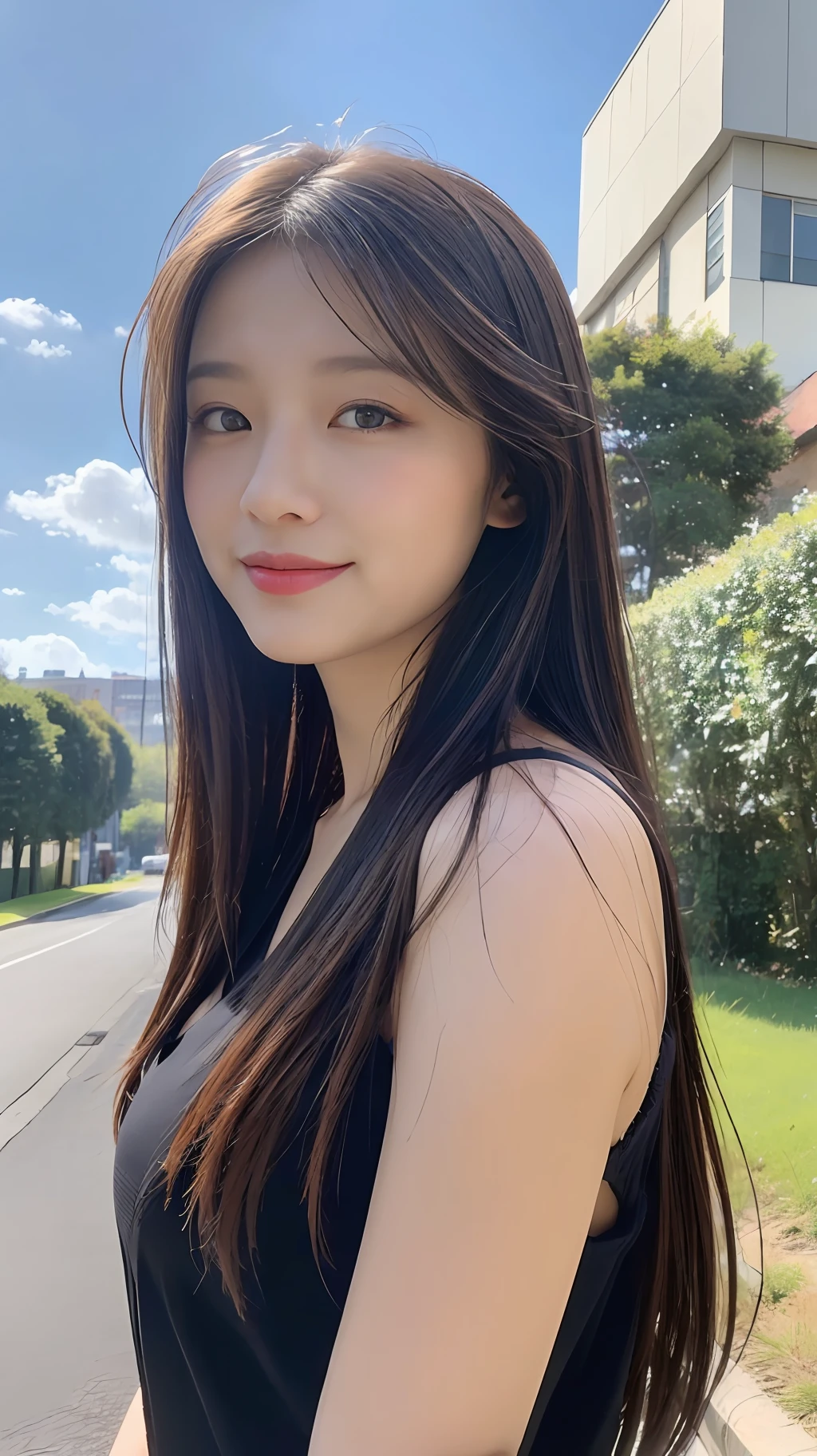 ((Best Quality, 8K, Masterpiece:1.3)), A beautiful girl, pure, melon face, gentle and cute, sweet smile, pure desire, thin figure, (frontal), (tilted head), looking directly at the camera, uniform, obi, formal, black silky long straight hair, long hair flowing over the shoulders, round black big eyes, clear big eyes, moist red lips, sweet, sitting on the side of the road, blue sky and white clouds, grass, buildings,