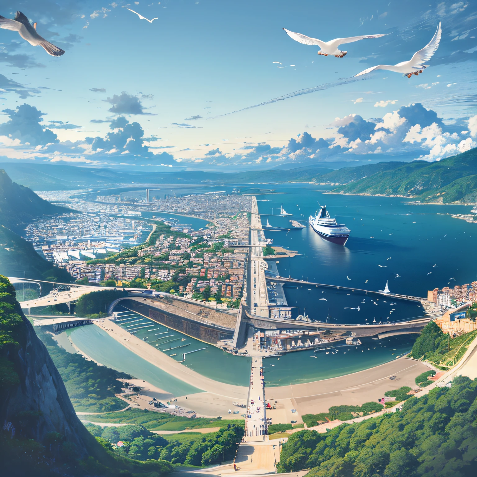 nature scenery, Crystal clear sea stretching to the horizon, Seaside town in the foreground, A huge passenger ship is moored in the harbor, (View from the top of the hill:1.2), (A flock of dolphins), (seagulls), ()