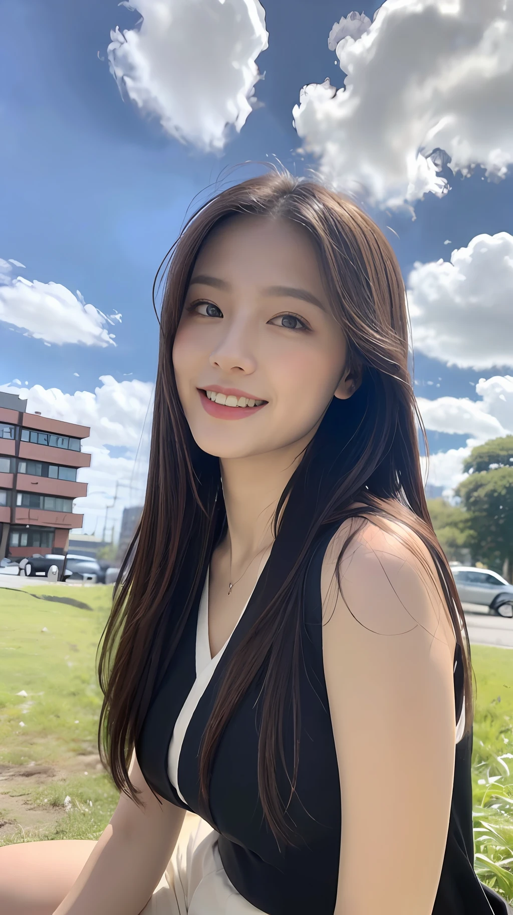 ((Best Quality, 8K, Masterpiece:1.3)), A beautiful girl, pure, melon face, gentle and cute, sweet smile, pure desire, thin figure, (frontal), (tilted head), looking directly at the camera, uniform, obi, formal, black silky long straight hair, long hair flowing over the shoulders, round black big eyes, clear big eyes, moist red lips, sweet, sitting on the side of the road, blue sky and white clouds, grass, buildings,