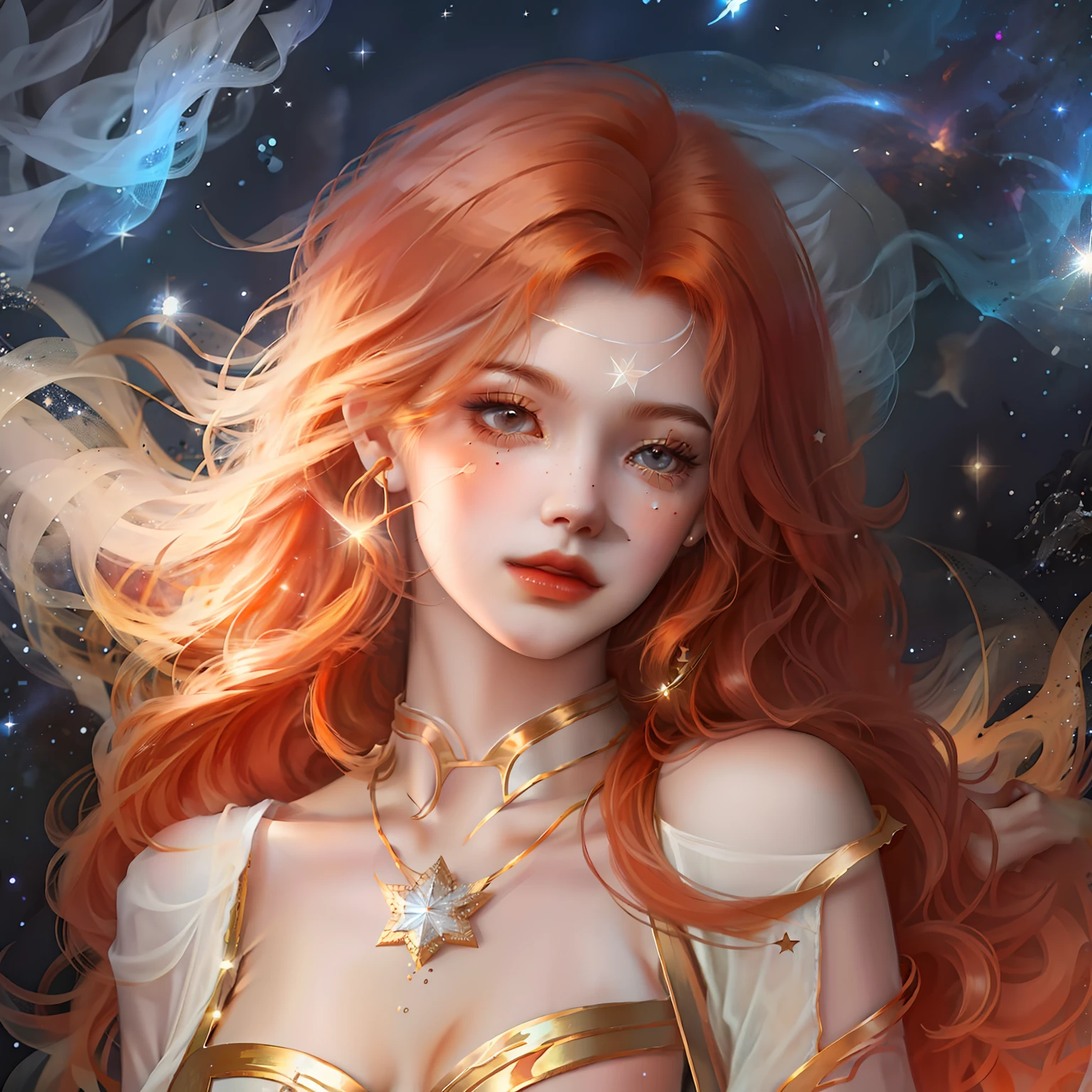 Leo,Girl with orange hair,background starry sky,The stars twinkle