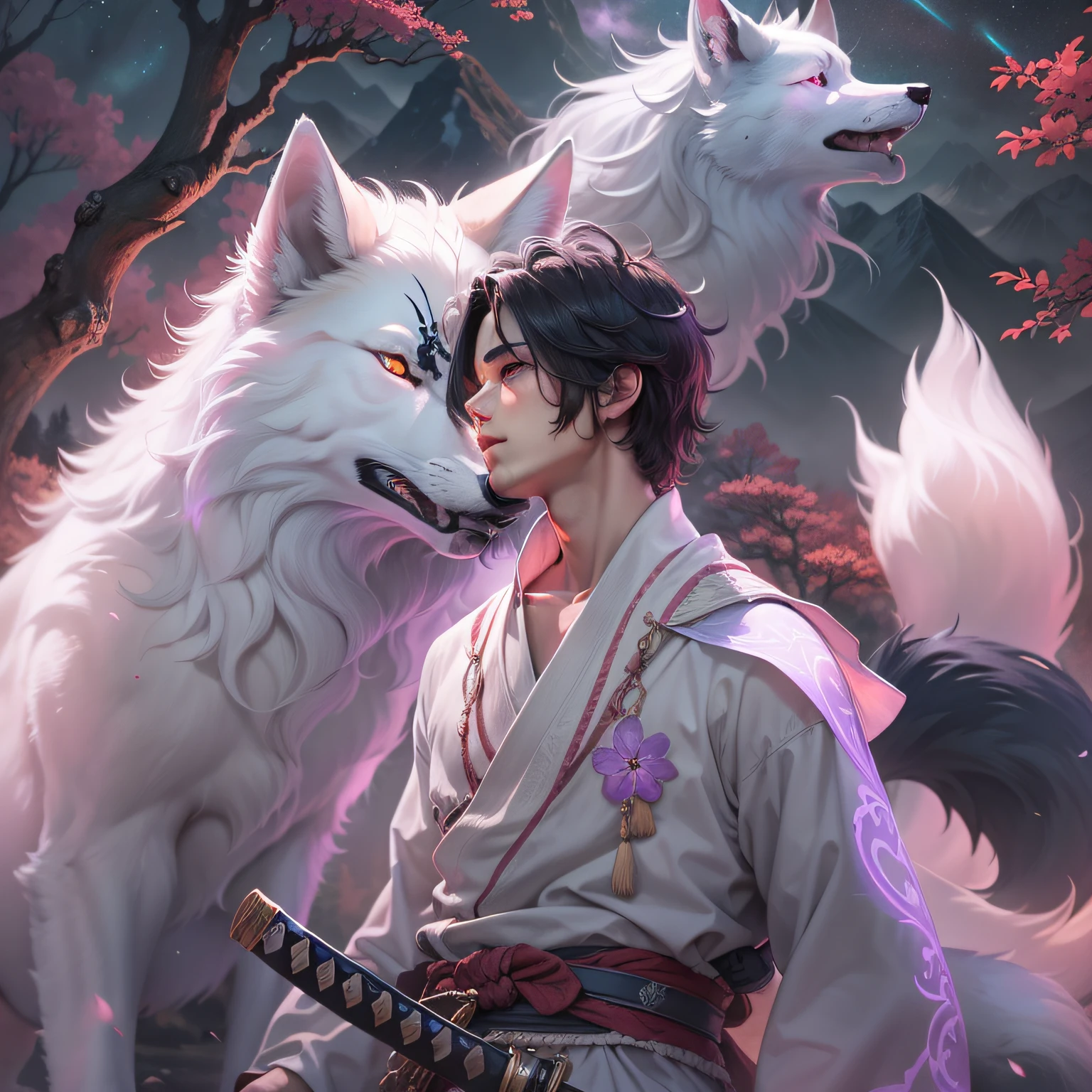 The background is filled with a mixture of spiritual and natural landscapes, with majestic mountains, lush valleys and a misty forest. The sky is illuminated by a celestial aurora, with shades of pink and violet that add a magical touch to the scene.

in the center, there is an 18-year-old man with spiky black hair and brown eyes with a white bandana on his forehead, on his back there is a katana, and next to him is a white fox with red stripes and is a spiritual beast, medieval, anime.