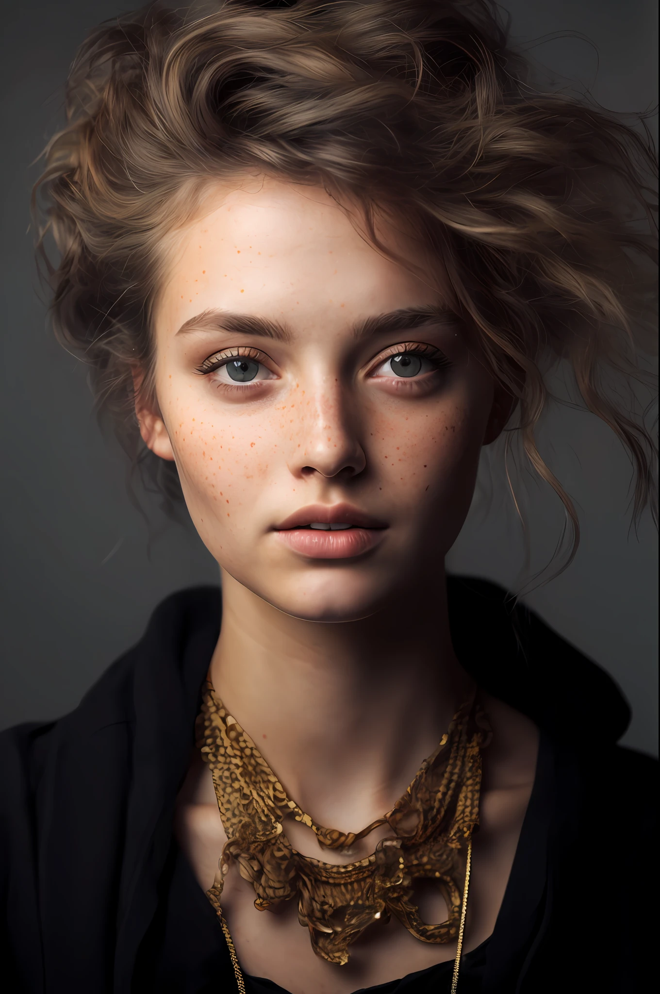 a photo portrait of a beautiful girl with curls and lots of freckles, (dirty blonde hair), (face portrait:1.5), dramatic light , Rembrandt lighting scheme, (hyperrealism:1.2), (8K UHD:1.2), (photorealistic:1.2), shot with Canon EOS 5D Mark IV, detailed face, detailed hair