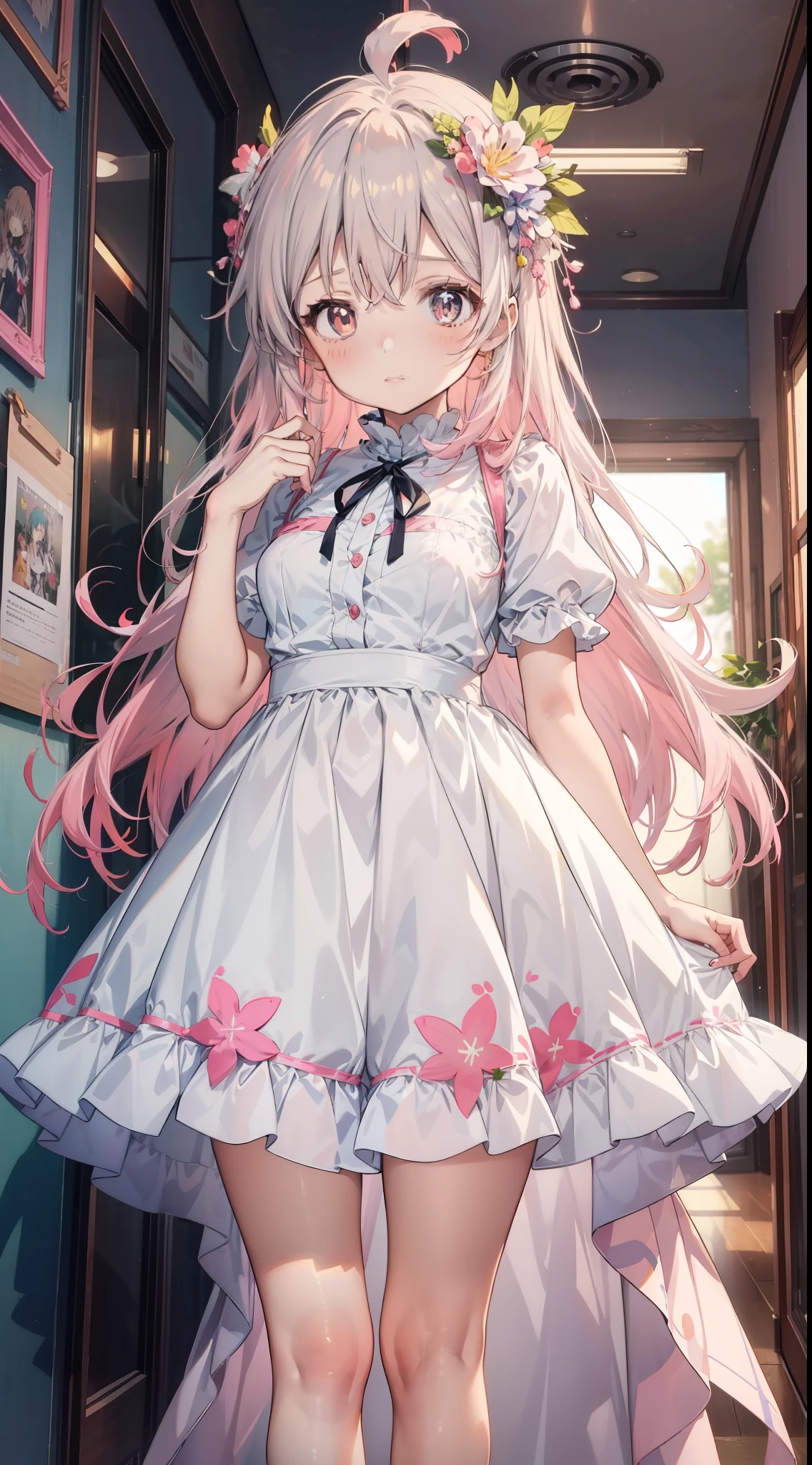 Anime girl with long pink hair and white dress standing in the hallway, anime visual of a cute girl, ethereal anime, anime best girl, anime moe art style, Official anime artwork, loli in dress, cute anime waifu in a nice dress, Today's featured anime stills, anime visual of a young woman, offcial art, shirabii, anime girl named lucy，Loli