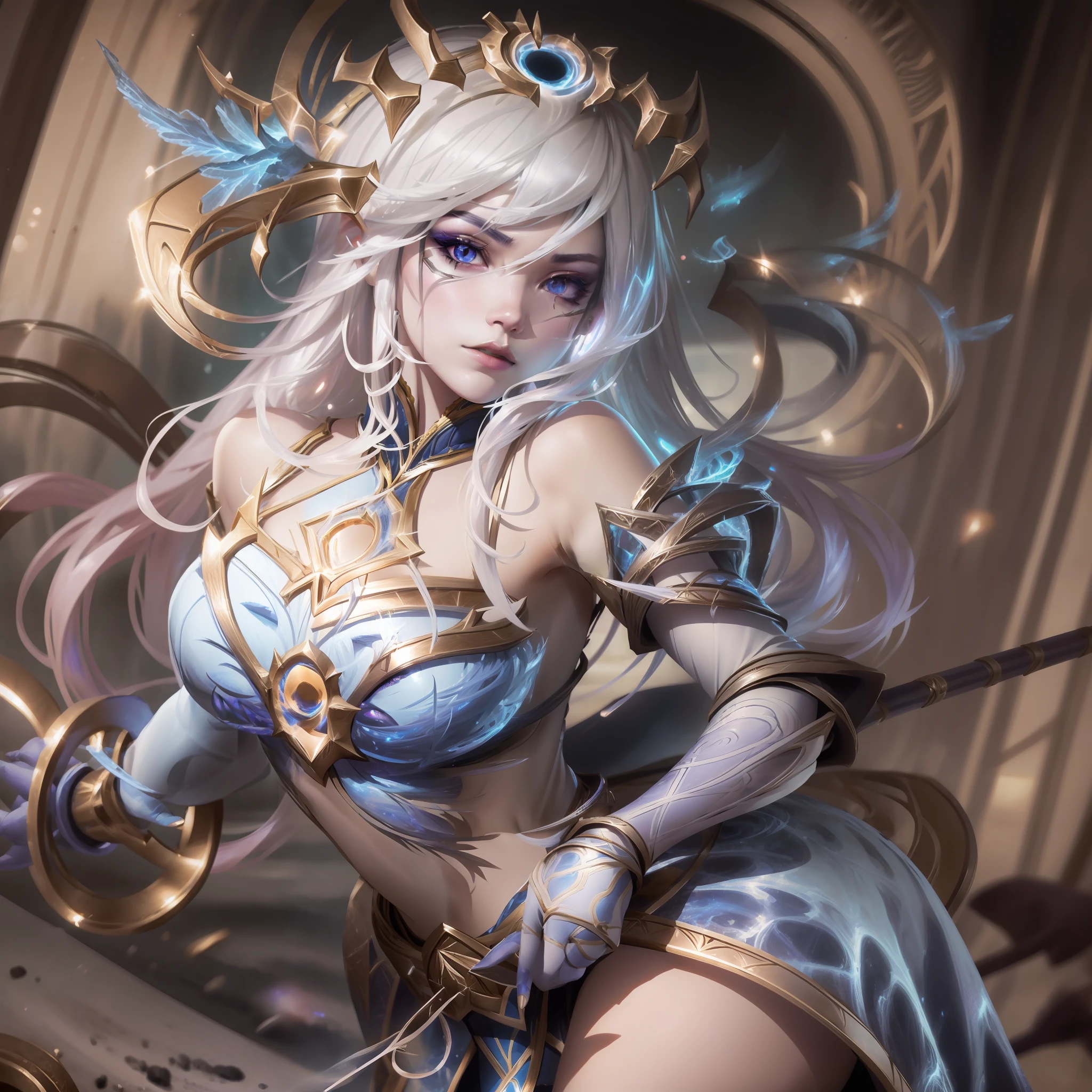 um close up da Lux de league of legends em um traje segurando um cajado, Retrato lux, cosplay ornamentado, deusa anime, knights of zodiac girl, Modelo IG | Artgerm, Artgerm extremamente detalhado, Artgerm em ArtStation Pixiv, Obra-prima Deusa da Tristeza, granblue fantasia, estilo shadowverse, Capturado na Canon EOS R 6