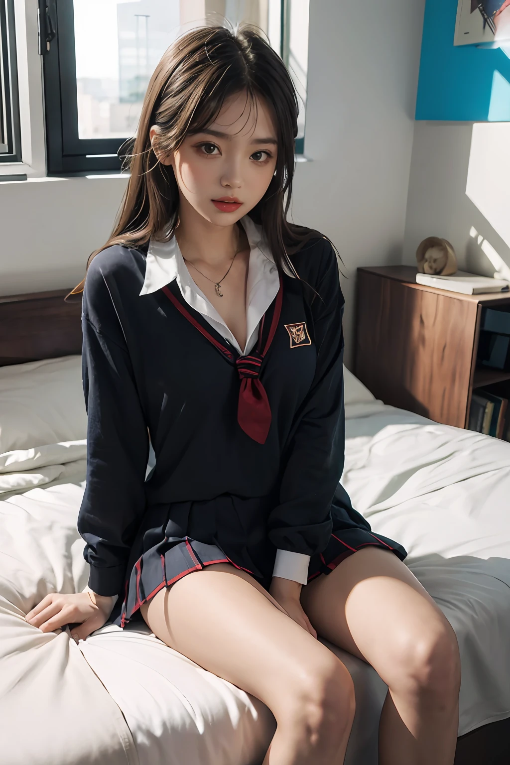 absurdress，Highres，Hyperdetailed），Highres，1girle，PerfectNwsjMajic，sitting on a bed，fulllllbody，looks at the viewer，s mouth open，Open your clothes，Come and kiss，school uniforms，