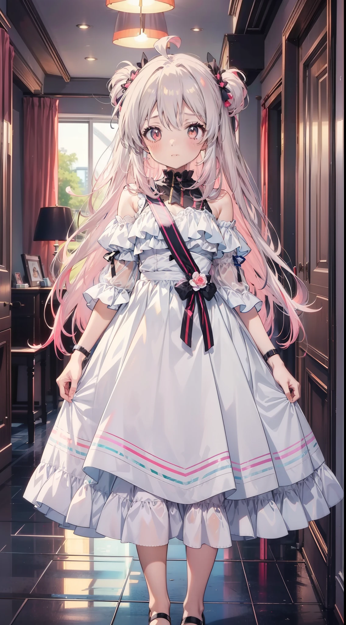 Anime girl with long pink hair and white dress standing in the hallway, anime visual of a cute girl, ethereal anime, anime best girl, anime moe art style, Official anime artwork, loli in dress, cute anime waifu in a nice dress, Today's featured anime stills, anime visual of a young woman, offcial art, shirabii, anime girl named lucy，Loli