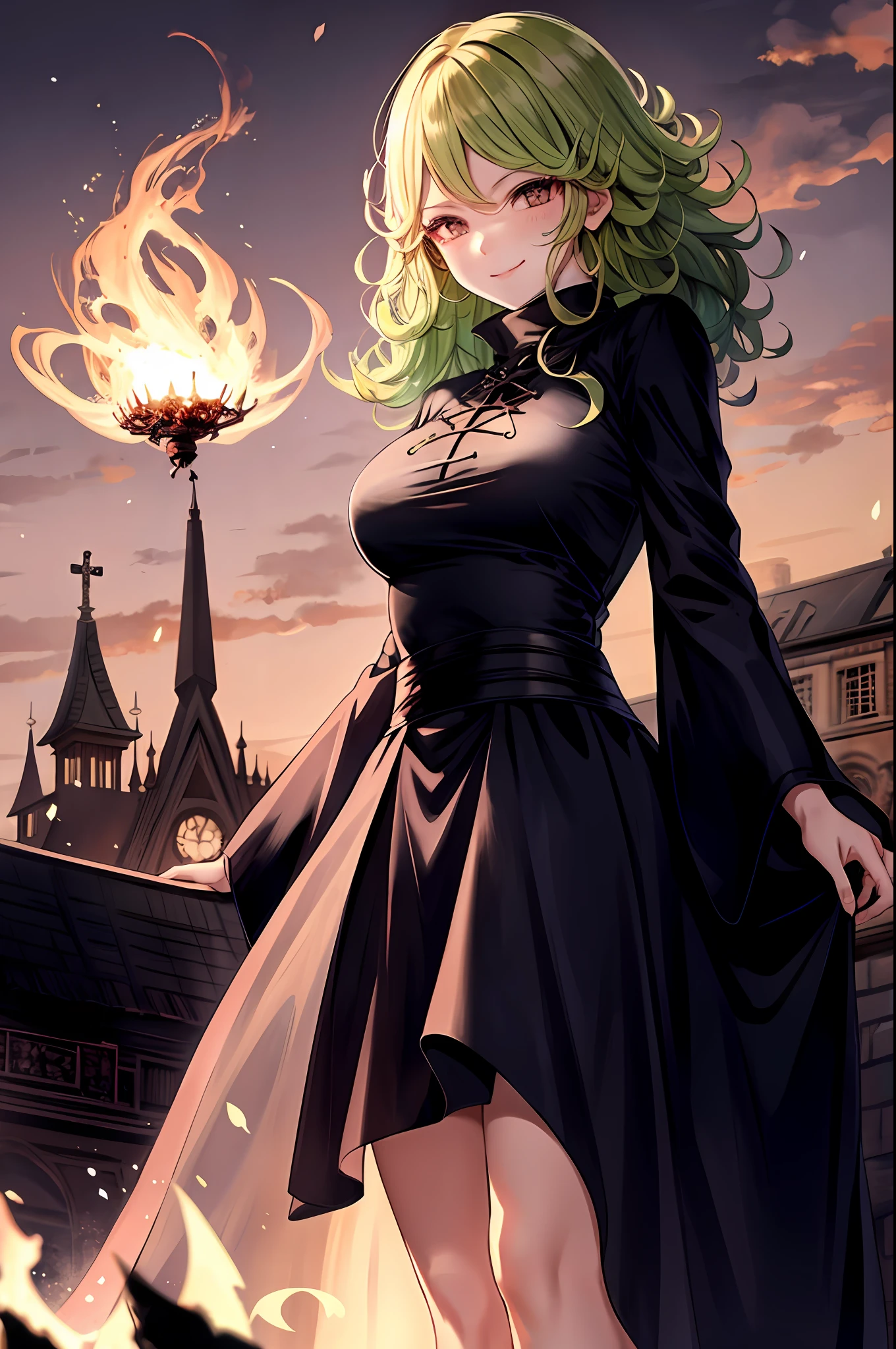 gothic cathedral, beautiful 1girl, levitating, cute face, crazy and bloodthirsty, standing in fire, hands on lap, calm smile, (tatsumaki:0.6,0.2) BREAK concept art