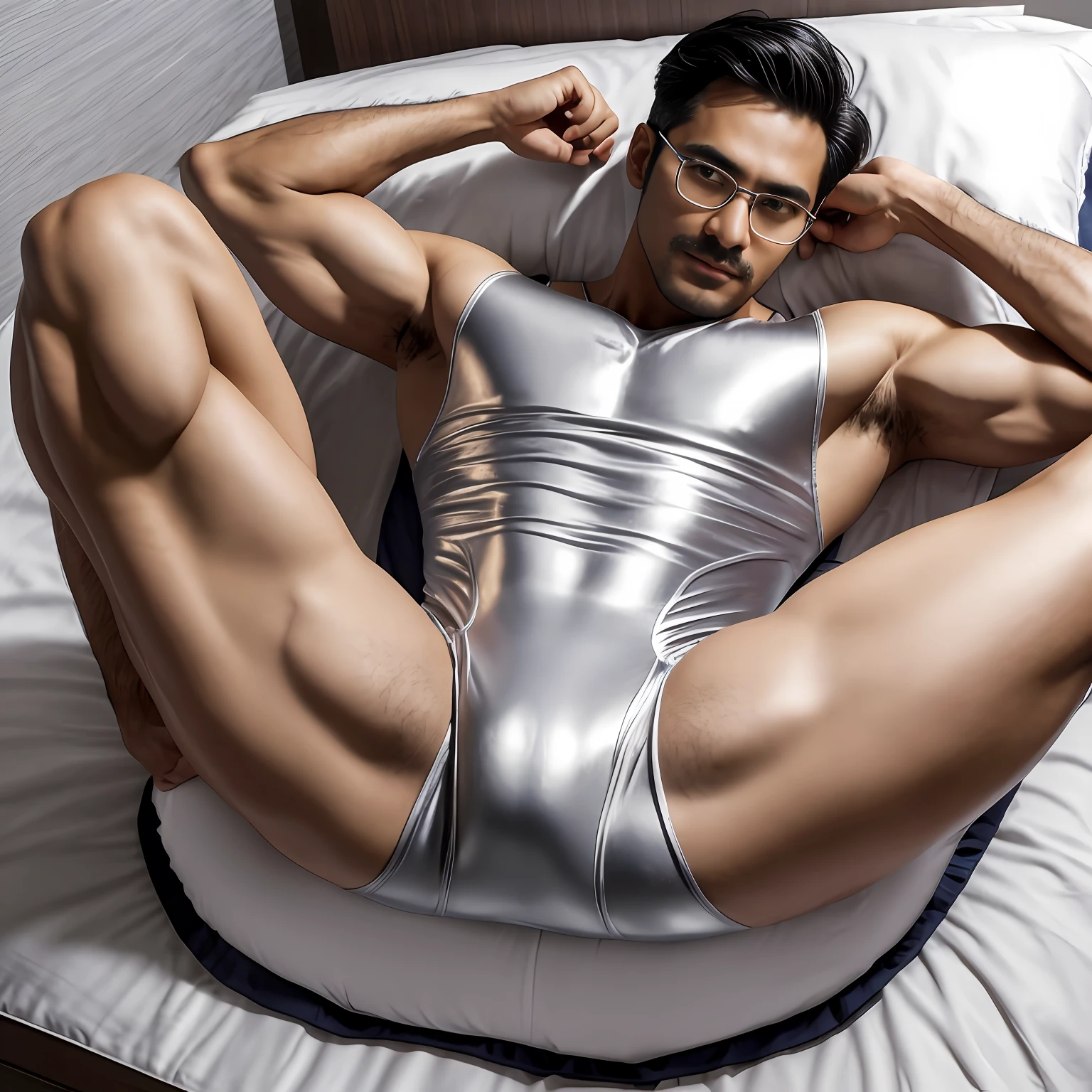 Korean Male,Soio,30 years old,extremely handsome,so sexy,realisticlying,Brown-skinned,eye glasses,Metallic Silver Bodysuit,Arms behind your head,Show armpits,mustache,full of sweat,Shiny silver silk sheet,Shiny silver silk bed,Emphasis on the crotch,Enraptured look,well-muscled,M-shaped foot,A detailed face,A detailed face,Detailed body,top-quality,An ultra-high picture quality,highly accurate,Appreciation of masterpieces