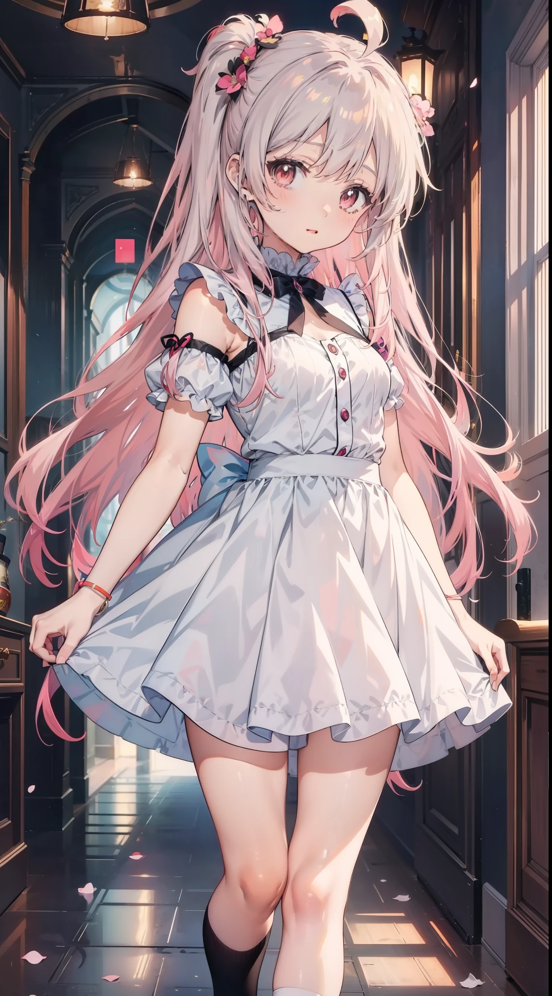 Anime girl with long pink hair and white dress standing in the hallway, anime visual of a cute girl, ethereal anime, anime best girl, anime moe art style, Official anime artwork, loli in dress, cute anime waifu in a nice dress, Today's featured anime stills, anime visual of a young woman, offcial art, shirabii, anime girl named lucy，Loli