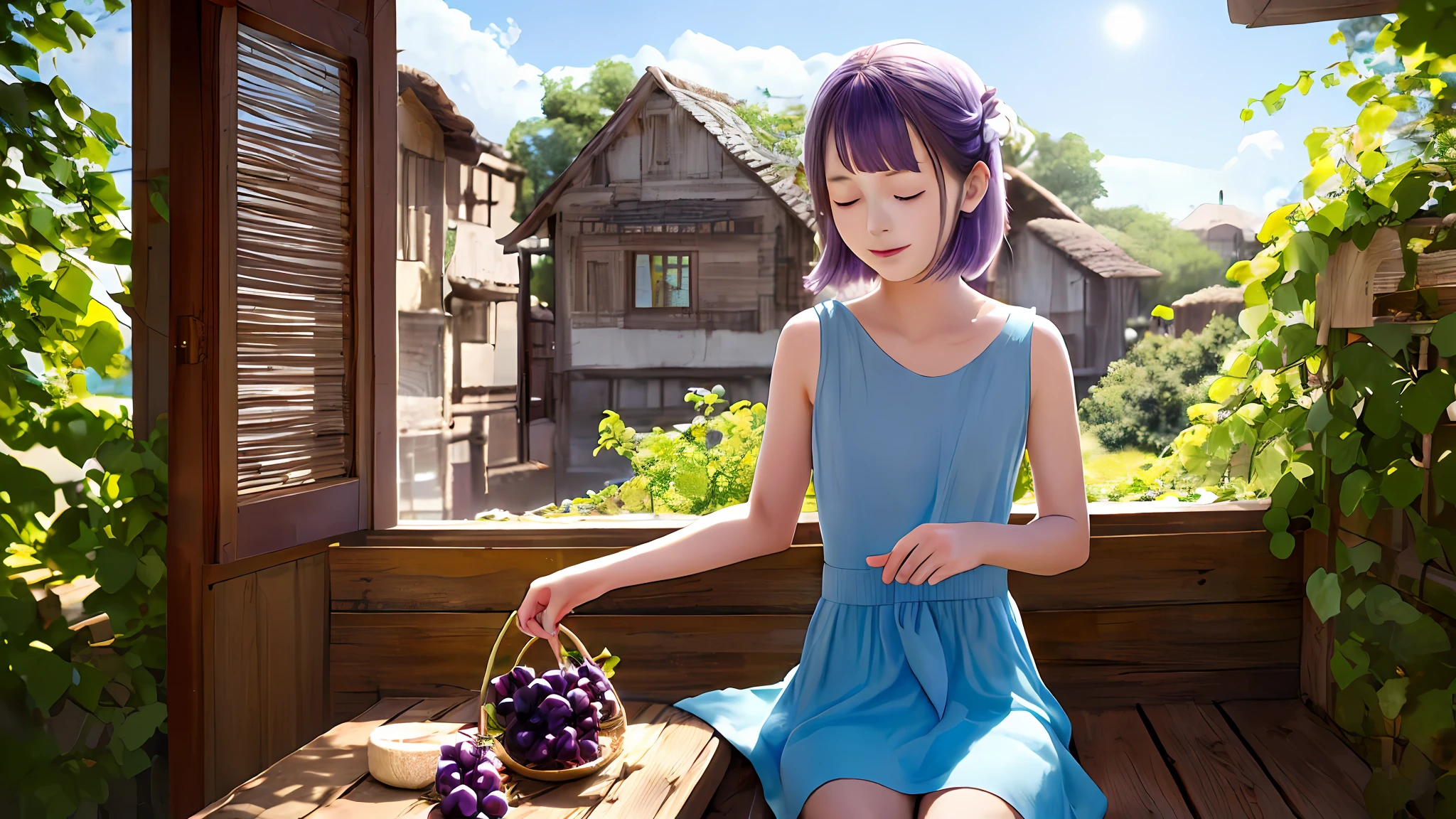 One girl is sitting，grapes，Light purple skin，closing her eyes，summer morning，Guibli，Rustic，Blue sky