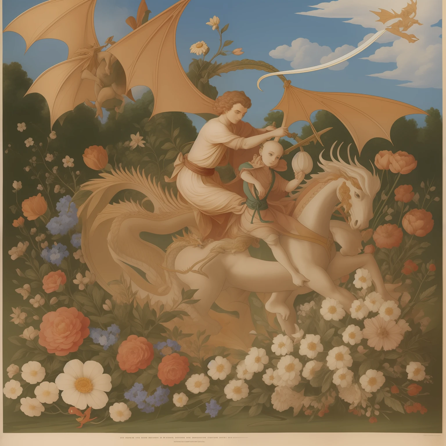 Flowers being born with a small man on top of this flower holding a sword battling a dragon