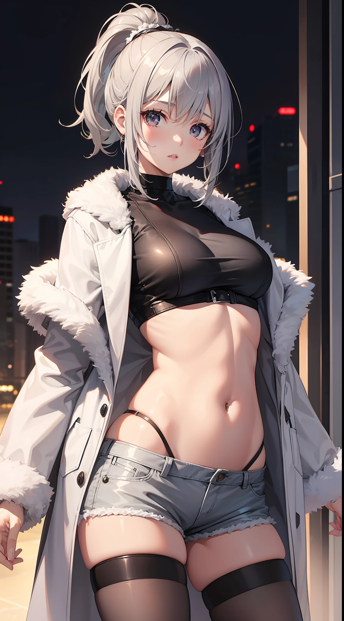 young girl, short gray hair, high ponytail, silver eyes, White leather fur coat, open belly, open breasts, shorts, Masterpiece, hiquality