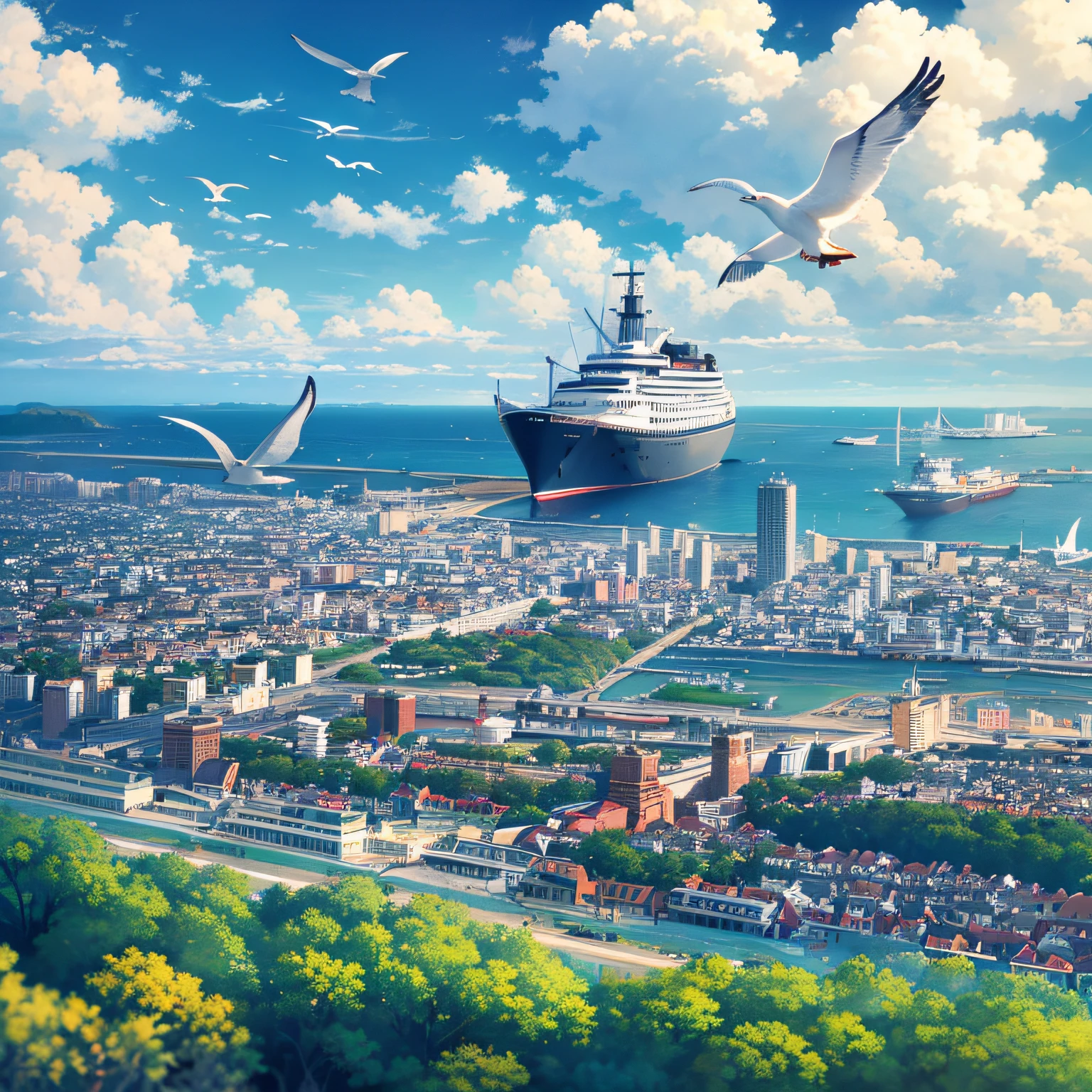 nature scenery, Crystal clear sea stretching to the horizon, Seaside town in the foreground, A huge passenger ship is moored in the harbor, (View from the top of the hill:1.2), (A flock of dolphins), (seagulls), ()