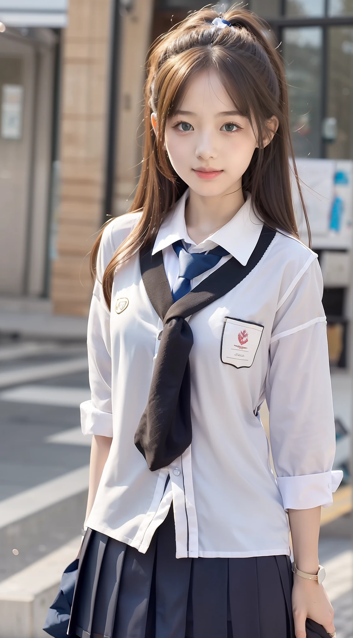 1girl, solo, (school uniform:1.4), green eyes, dress, looking_at_viewer, neck_ribbon, cute, clear facial skin, (best quality), (masterpiece:1.1)