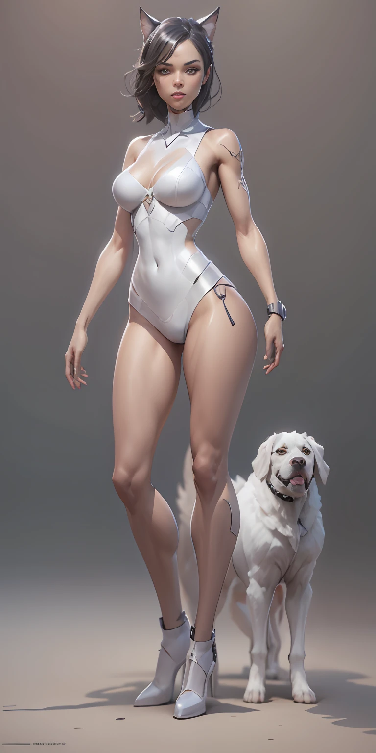 doggirl, big breasts, frontal, full-length, looking at the camera, facing the audience, standing pose, simple background, three-dimensional light, detailed full-body concept, sleek digital concept art, beautiful full-body concept art, art trend, CGsociety full-length,