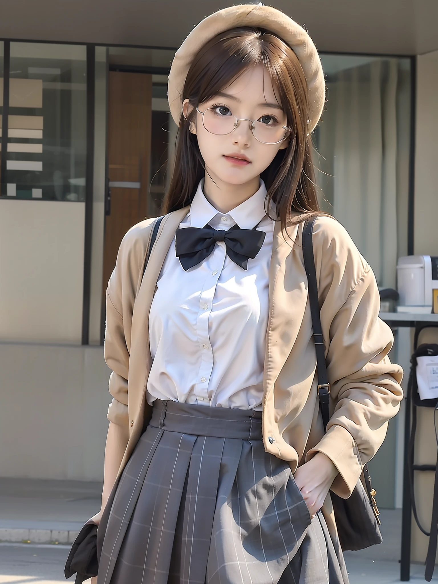 （8K，best qualtiy，tmasterpiece：1.2），realisticlying，超高分辨率，intricately details， 1girll，beautiful  face，JK suit，white  shirt，yellow bow，wearing hat，wears glasses，neck bowtie，Yellow skirt，plaid skirts，pleatedskirt，，The upper part of the body，standing on your feet，wide wide shot，hyper realistic schoolgirl，hyper realistic schoolgirl，Realistic anime 3 D style，Realistic schoolgirl，Smooth anime CG art，3d anime realistic，Beautiful Anime High School Girls，Sakimichan HDRI，Magical school student uniform，photorealistic anime，Realistic young anime girl（8K，best qualtiy，tmasterpiece：1.2），realisticlying，超高分辨率，intricately details， 1girll， beauitful face， JK suit， white  shirt，The upper part of the body