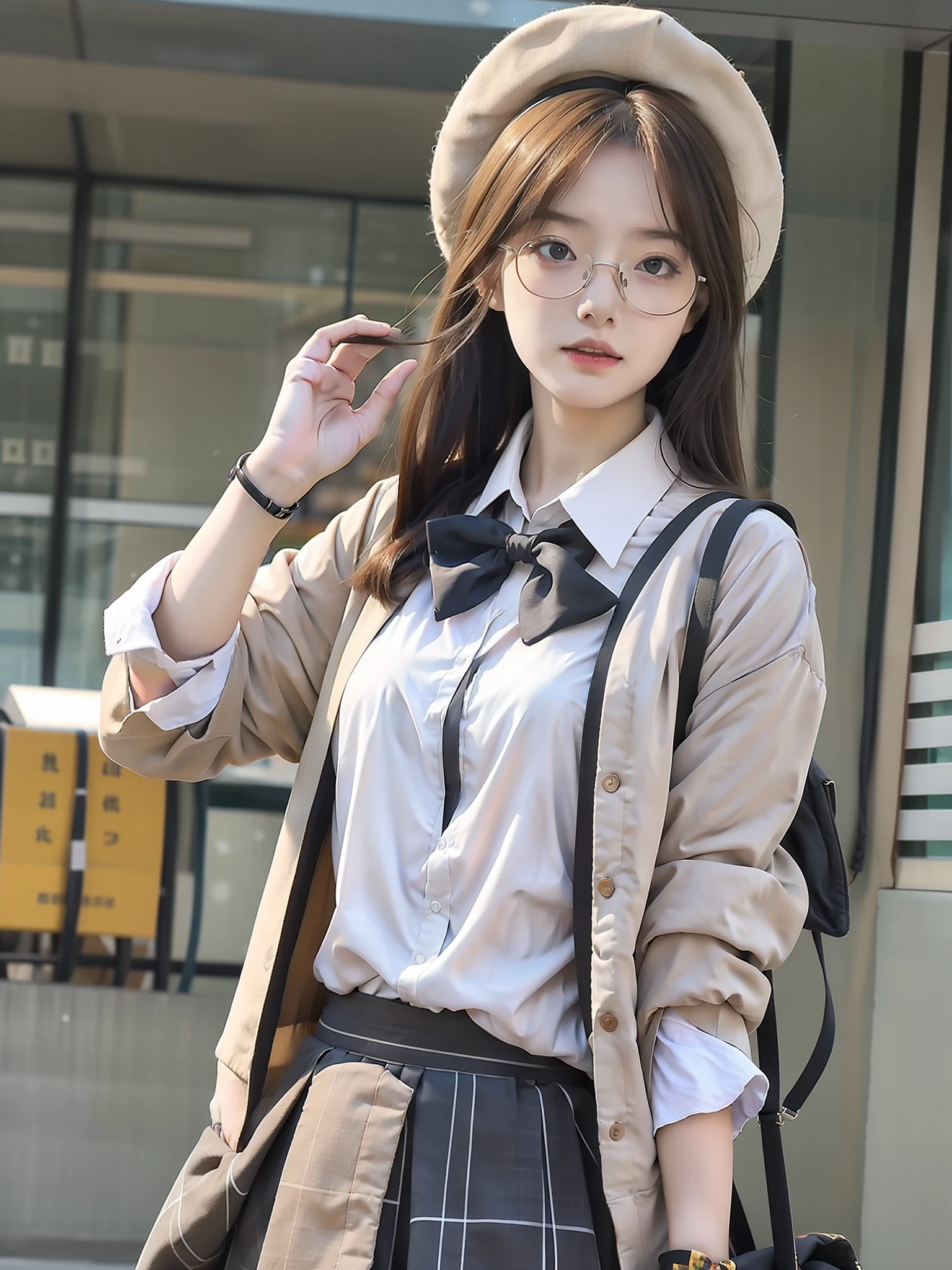 (8K,best qualtiy,tmasterpiece:1.2),realisticlying,超高分辨率,intricately details, 1girll,beautiful face,JK suit,white shirt,yellow bow,wearing hat,wears glasses,neck bowtie,Yellow skirt,plaid skirts,pleatedskirt,,The upper part of the body,standing on your feet,wide wide shot,hyper realistic schoolgirl,hyper realistic schoolgirl,Realistic anime 3 D style,Realistic schoolgirl,Smooth anime CG art,3d anime realistic,Beautiful Anime High School Girls,Sakimichan HDRI,Magical school student uniform,photorealistic anime,Realistic young anime girl(8K,best qualtiy,tmasterpiece:1.2),realisticlying,超高分辨率,intricately details, 1girll, beauitful face, JK suit, white shirt,The upper part of the body