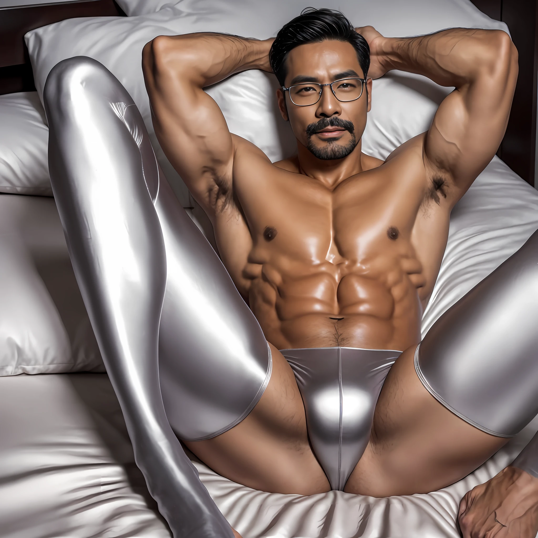 Korean Male,Soio,35 years old,extremely handsome,so sexy,realisticlying,Brown-skinned,eye glasses,Metallic Silver Tights,Arms behind your head,Show armpits,mustache,perspiring,milk on breast,Shiny silver silk sheet,Shiny silver silk bed,sleep,Emphasis on the crotch,Enraptured look,well-muscled,M-shaped foot,A detailed face,A detailed face,Detailed body,top-quality,An ultra-high picture quality,highly accurate,Appreciation of masterpieces,8K